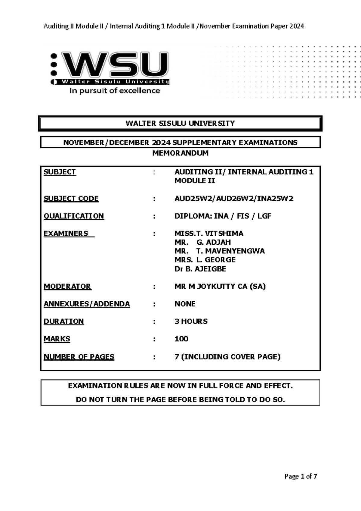AUD25W2 2024 Supplementary Exam Memo: Internal Auditing II Module II ...