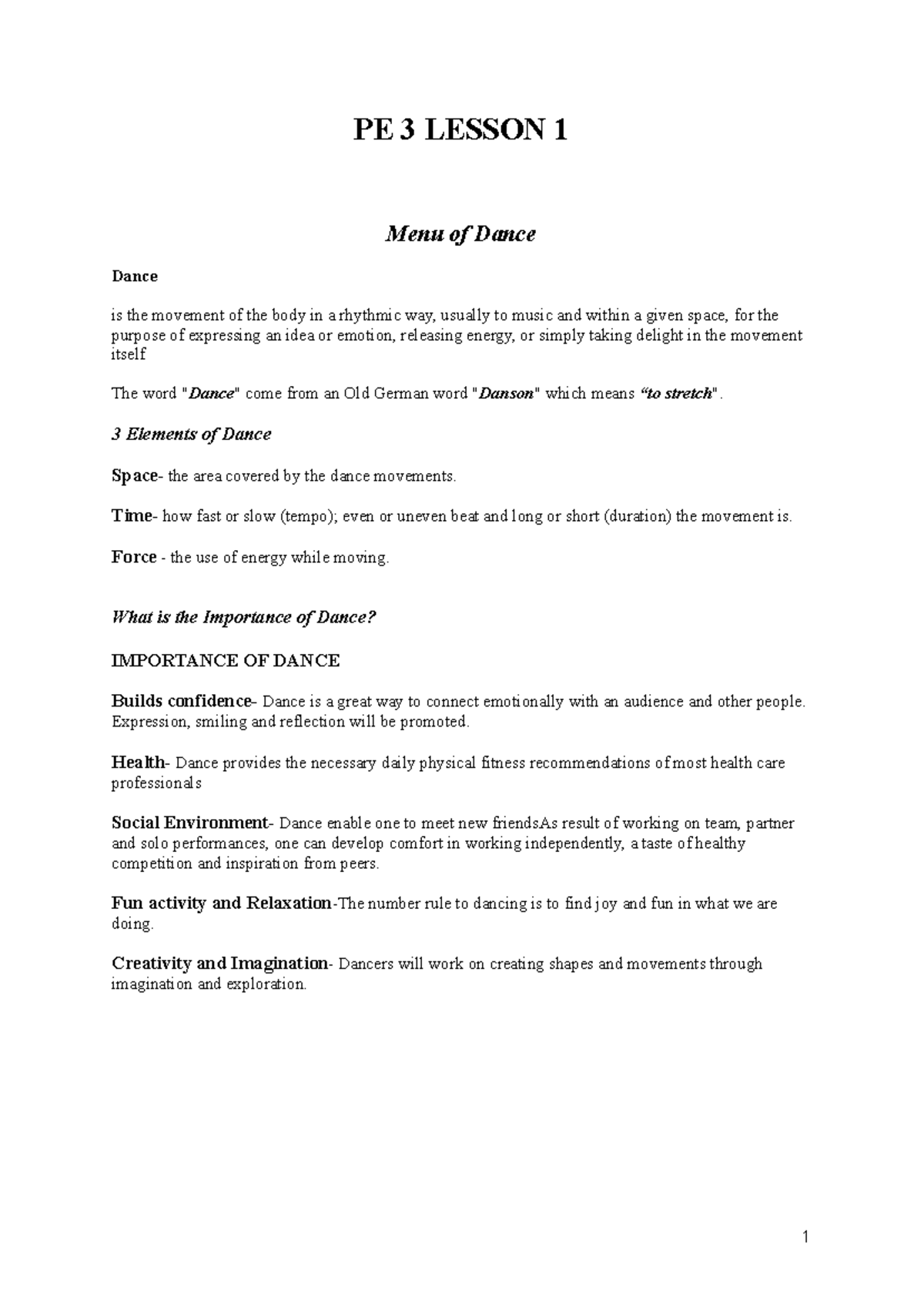 PE 3 Lesson 1: Overview of Dance – Elements, Styles & Importance - Studocu