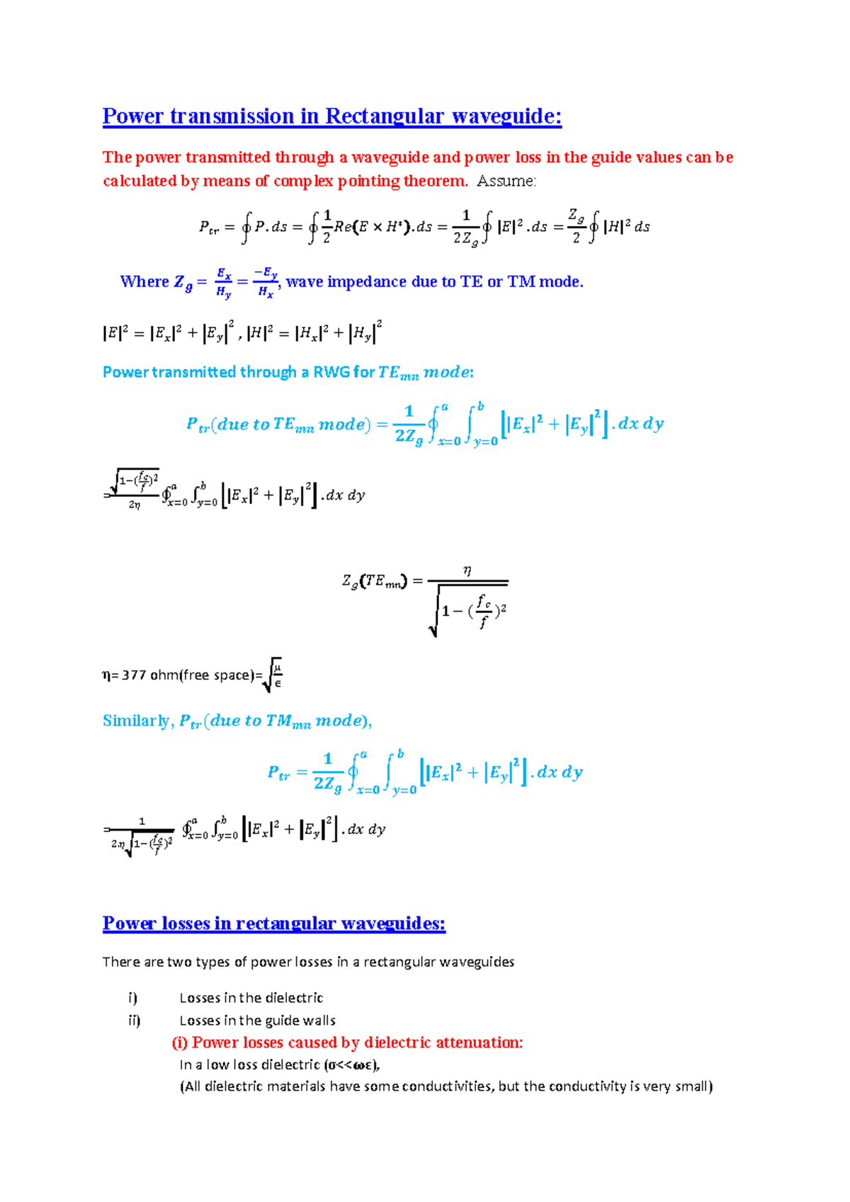 Power Transmission in Rectangular Waveguide Analysis - Studocu