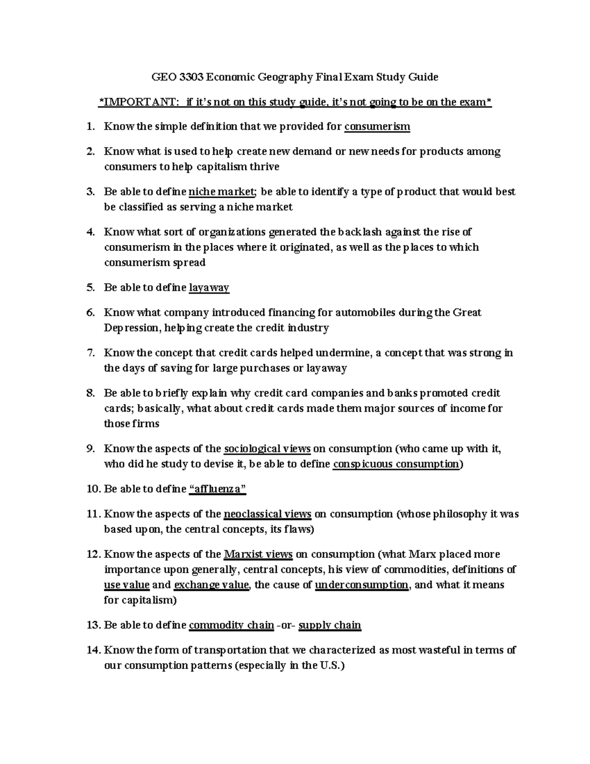 GEO 3303 Economic Geography Final Exam Study Guide Fall 2024 - Studocu