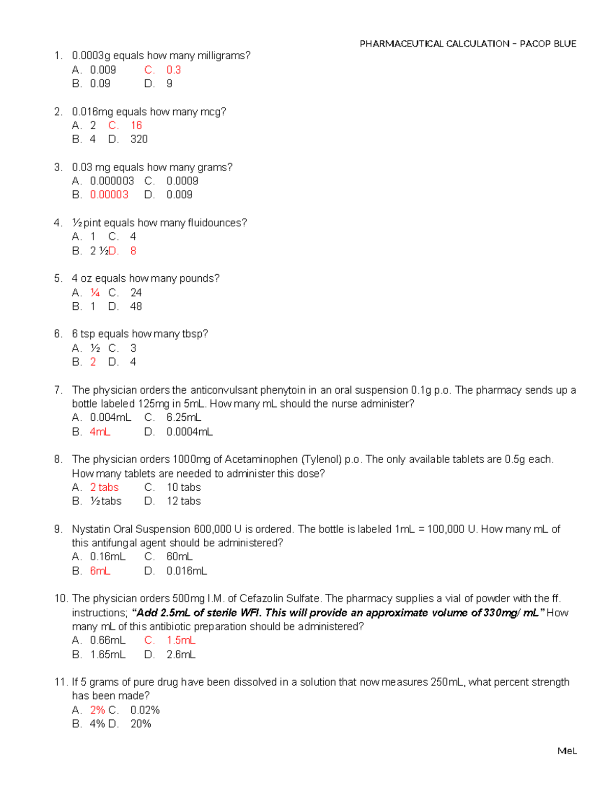 Pharmaceutical Calculations Answer Key - BLUE PACOP - Studocu