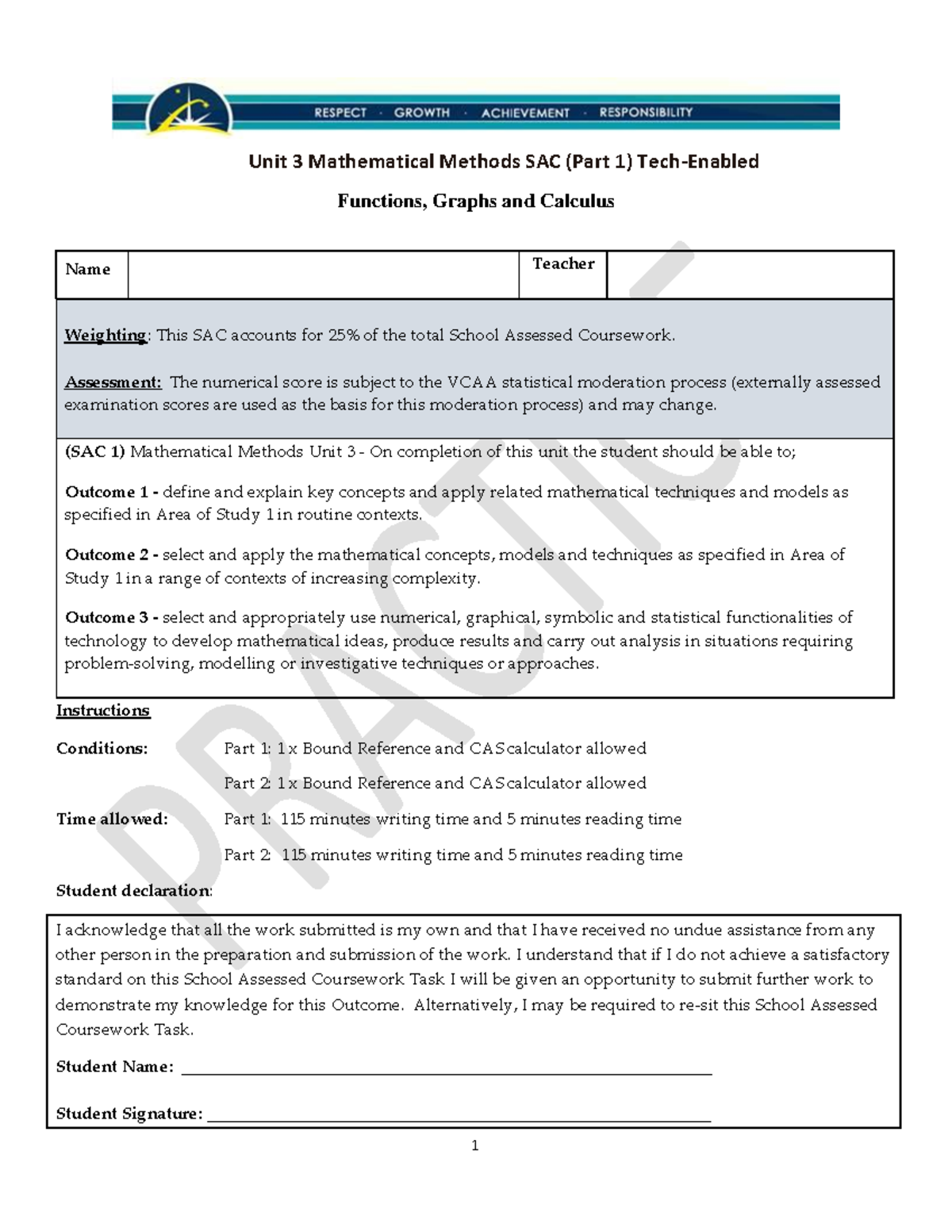 Unit 3 Mathematical Methods SAC (Part 1): Functions, Graphs & Calculus ...