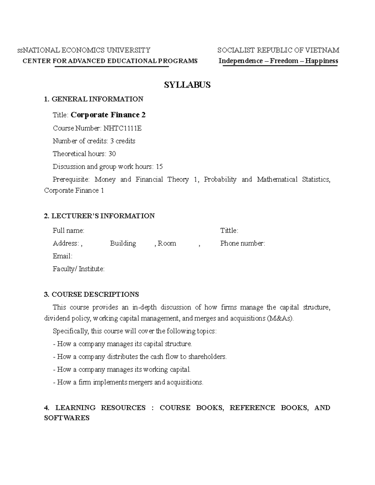 Syllabus for Corporate Finance 2 (NHTC1111E) - Course Overview - Studocu