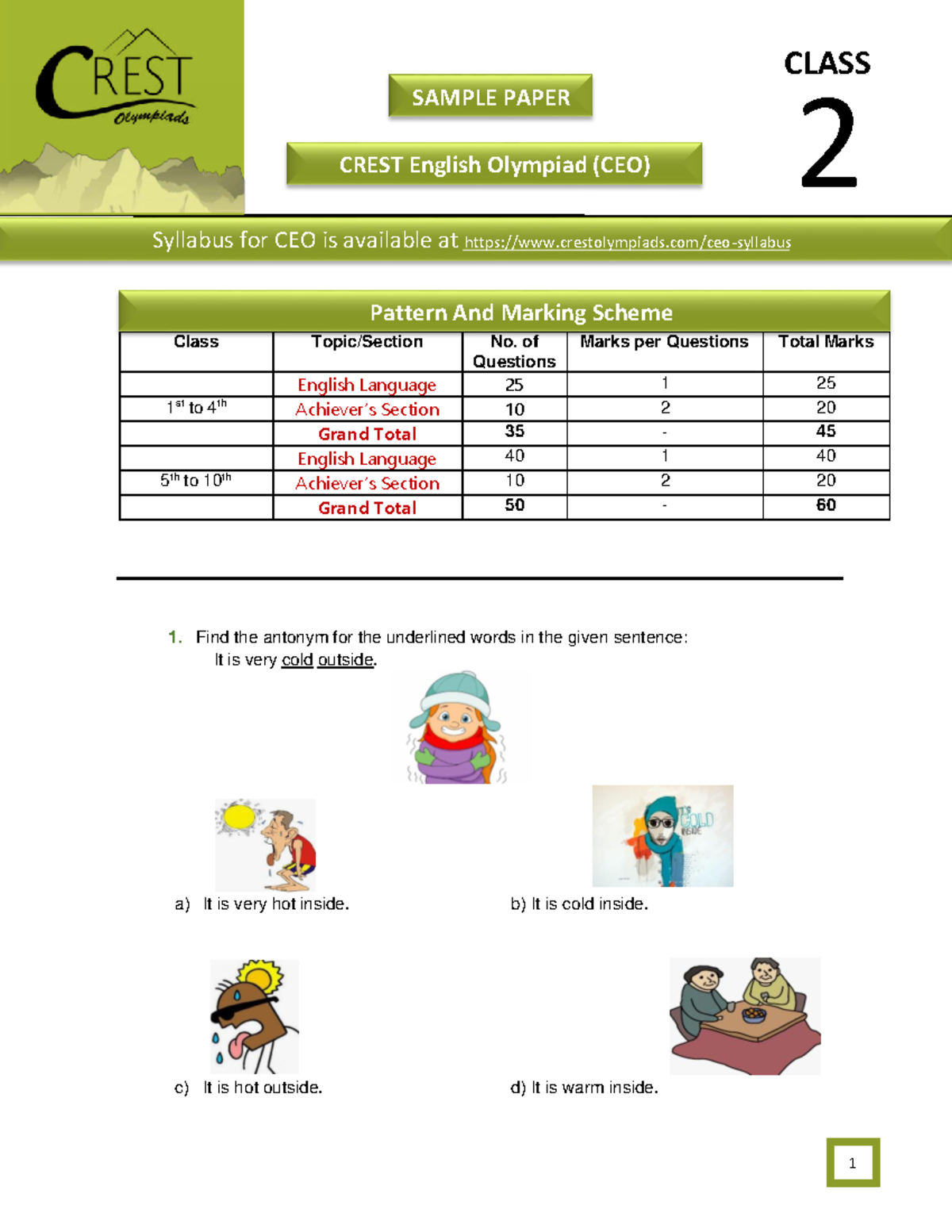 CEO Sample Paper for Class 2 English Olympiad - Studocu