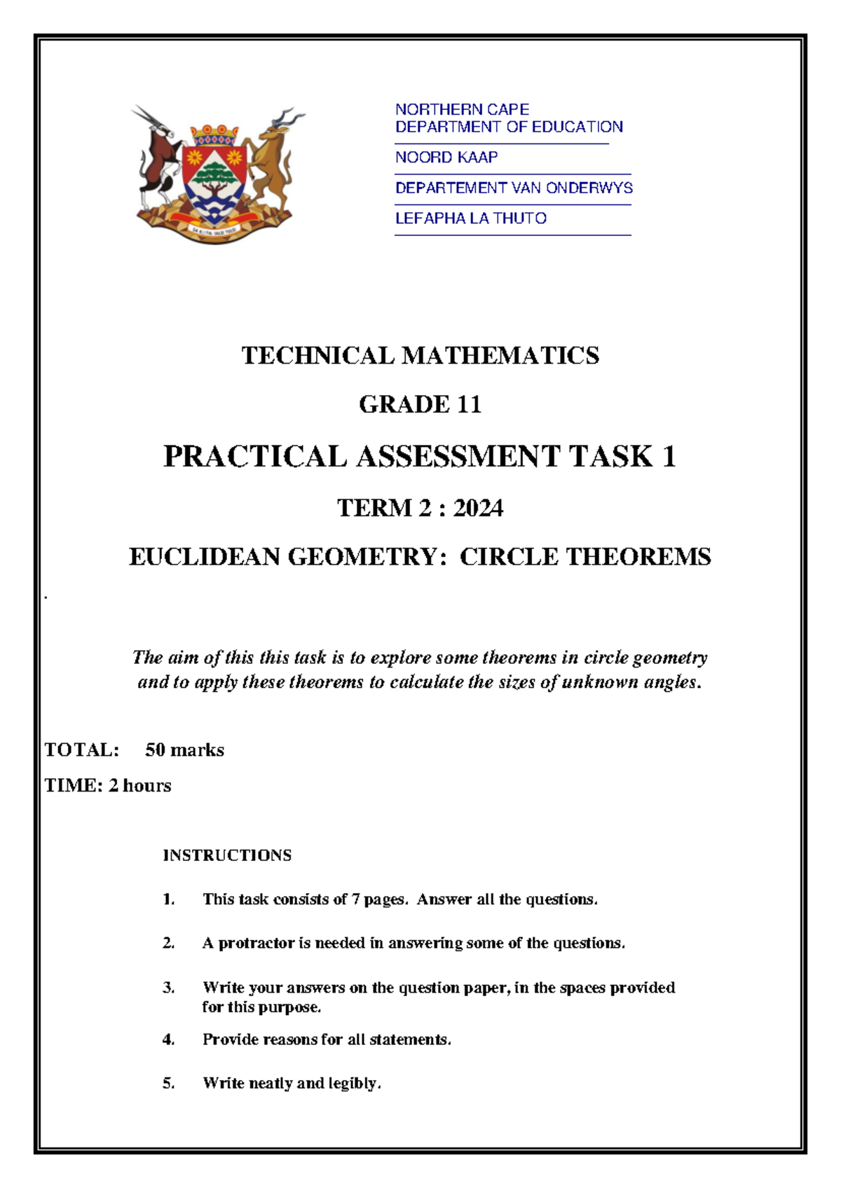 Technical Mathematics GRADE 11 NC 2024: PAT Task 1 - Circle Theorems ...