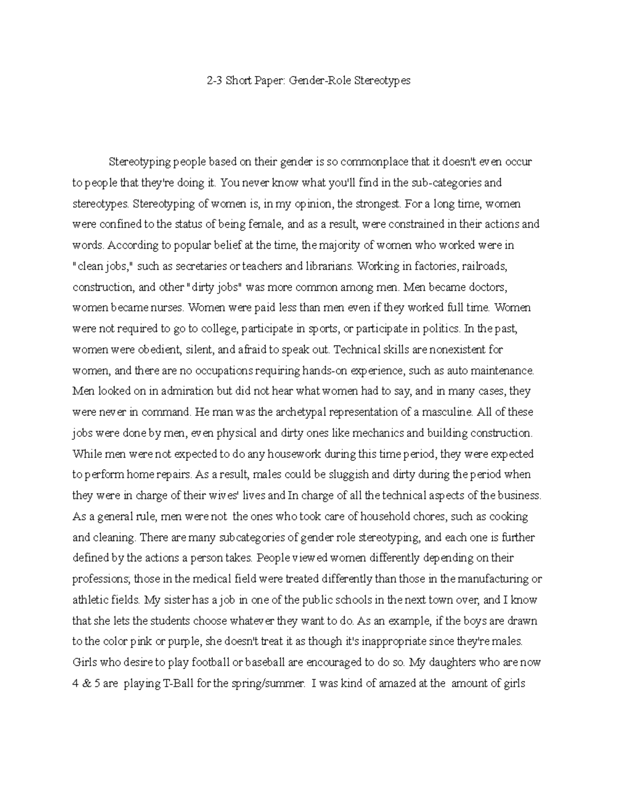 Gender sterotype paper 2-3 - 2-3 Short Paper: Gender-Role Stereotypes ...