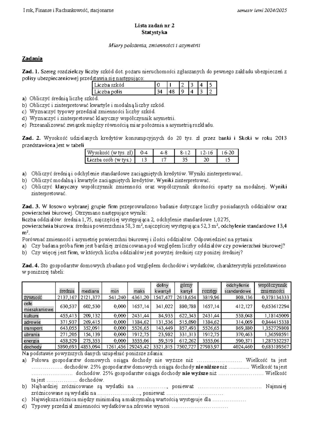Lista zadań nr 2 z finansów i rachunkowości - statystyka i analizy ...