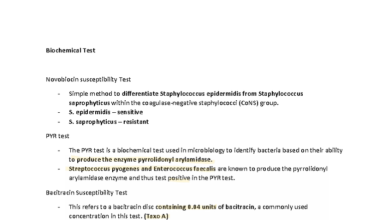Biochemical Test PYR, Bacitracin, and Other Microbial Tests Guide - Studocu