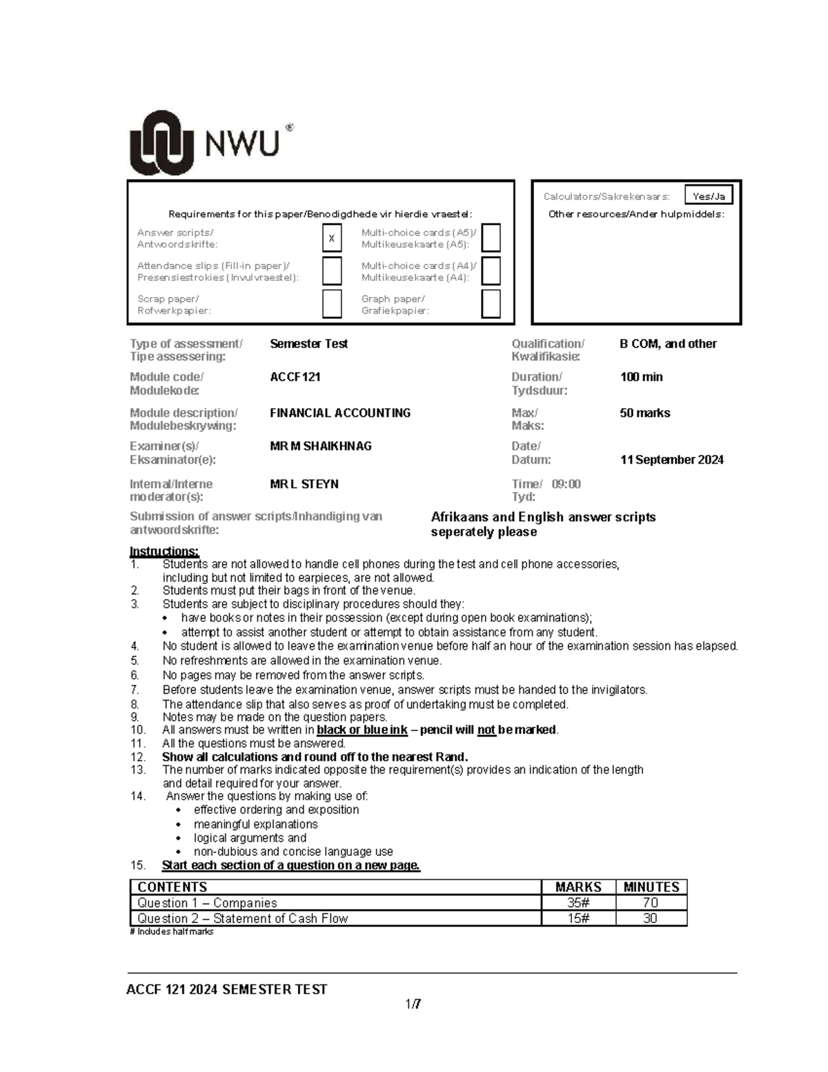 ACCF 121 2024 SEMESTER TEST: Financial Accounting Requirements and ...