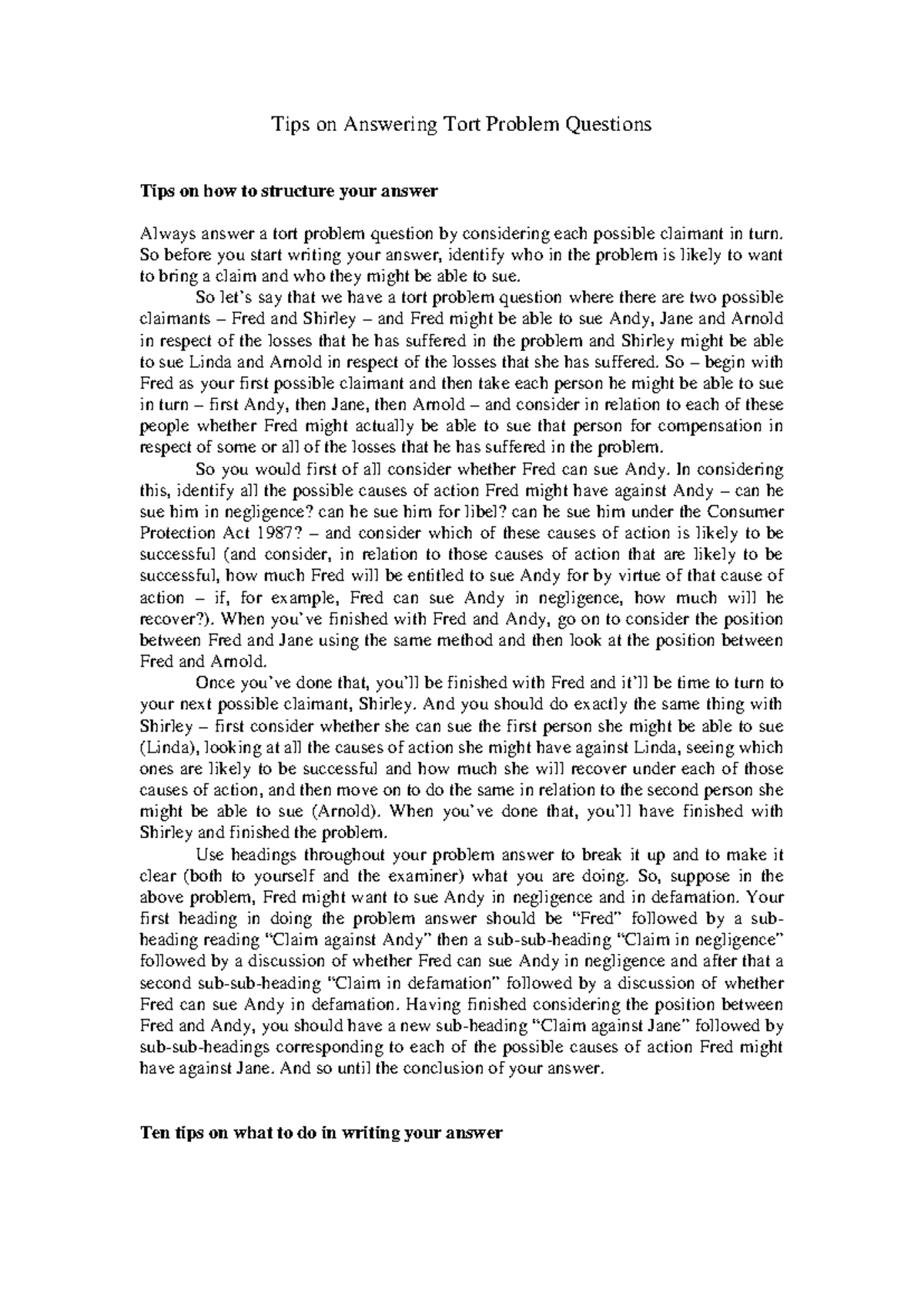 Tort Problem Questions: Structuring Your Answer and Key Tips - Studocu