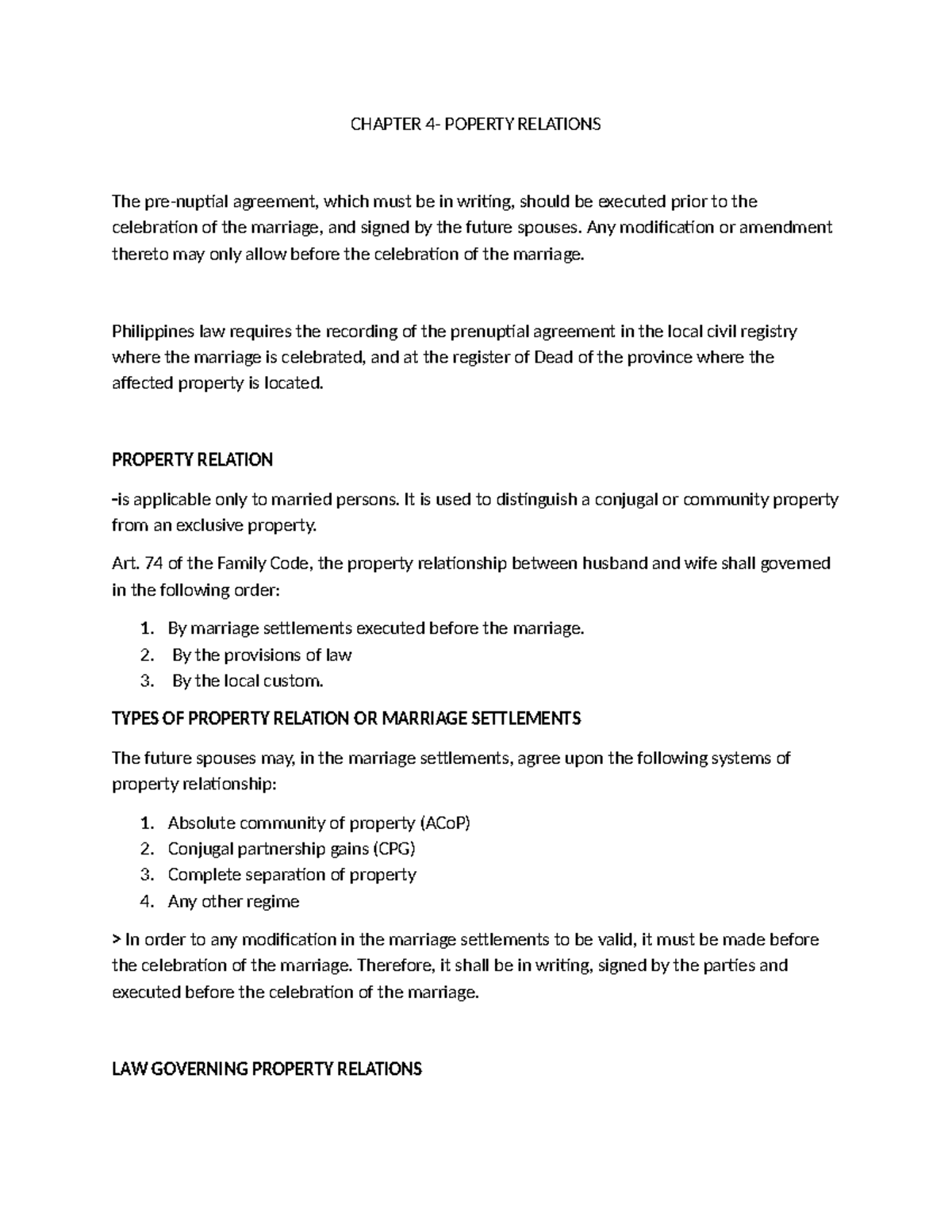 CHAPTER 4 - PROPERTY RELATIONS IN MARRIAGE SETTLEMENTS - Studocu