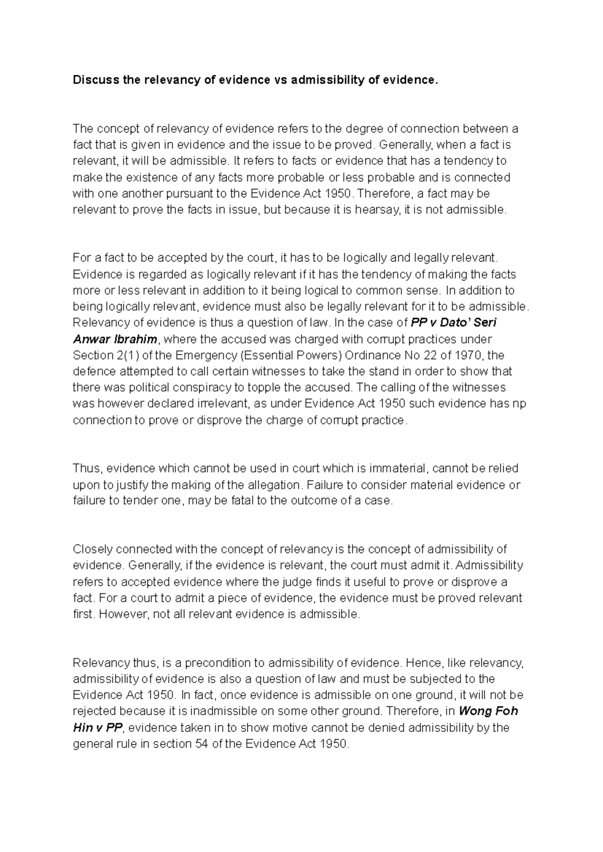 Relevancy vs Admissibility of Evidence - Discuss the relevancy of ...