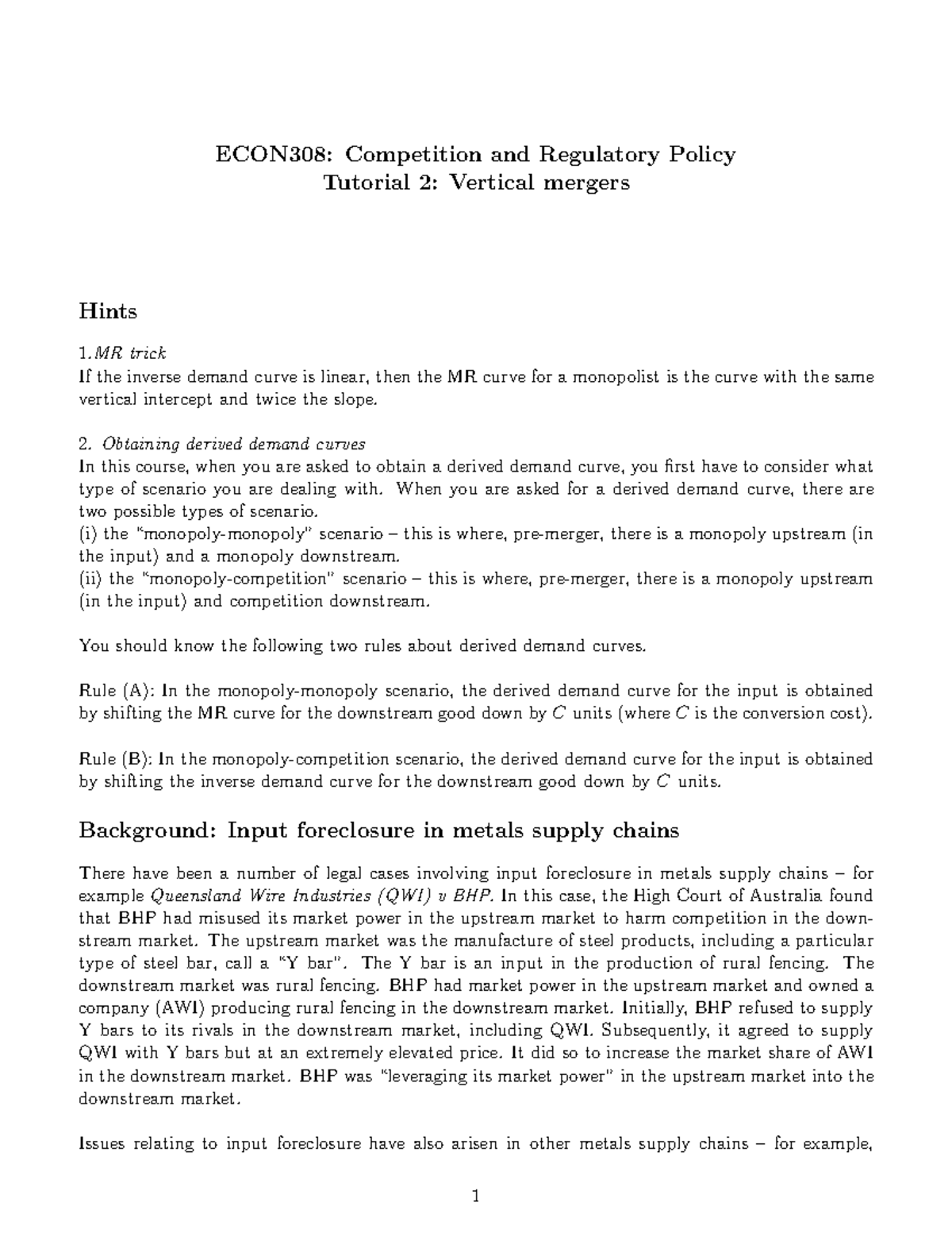 ECON308: Tutorial 2 on Vertical Mergers & Input Foreclosure Insights ...