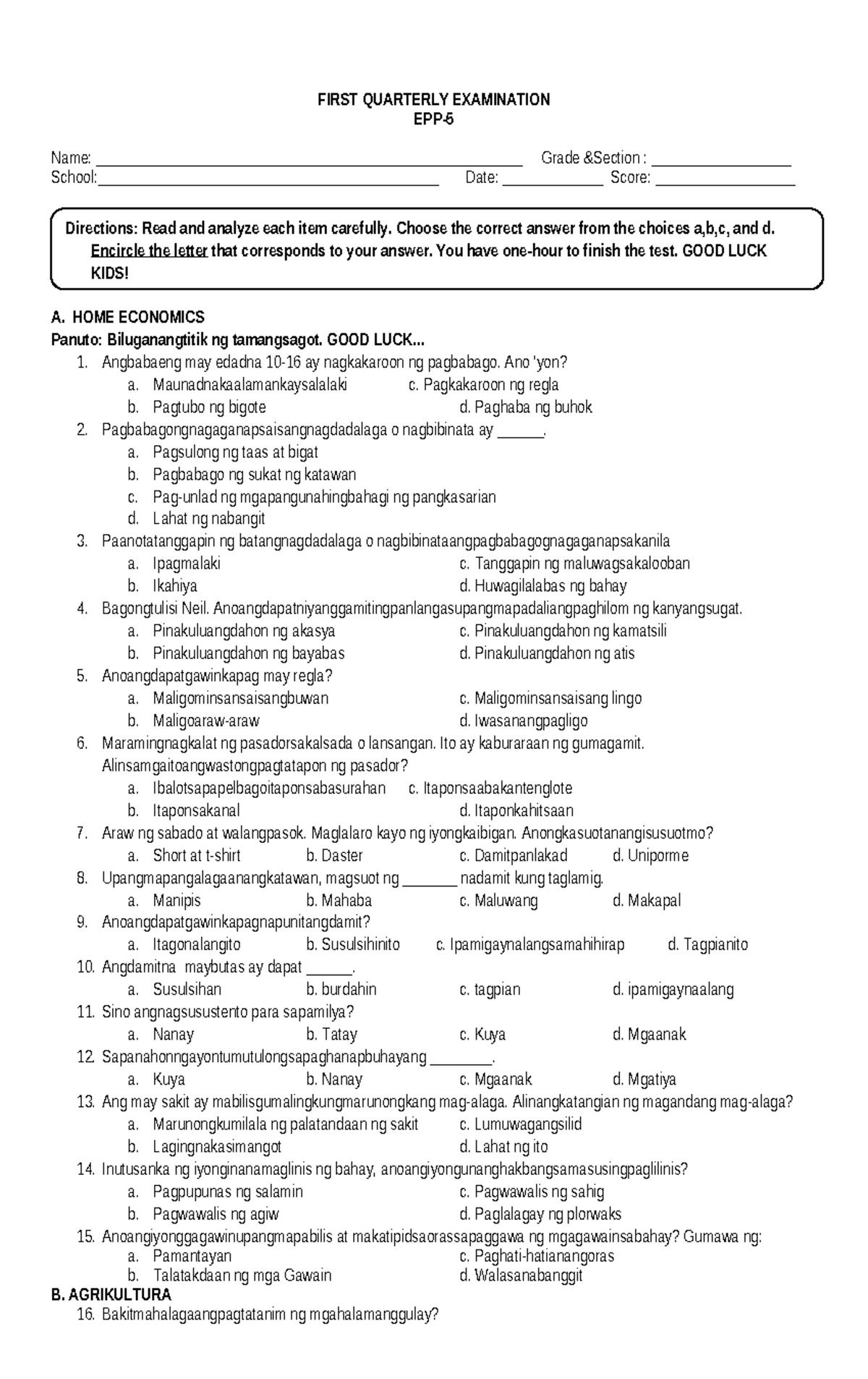 PT EPP 5 Q1 - EPP - FIRST QUARTERLY EXAMINATION EPP- Name: - Studocu