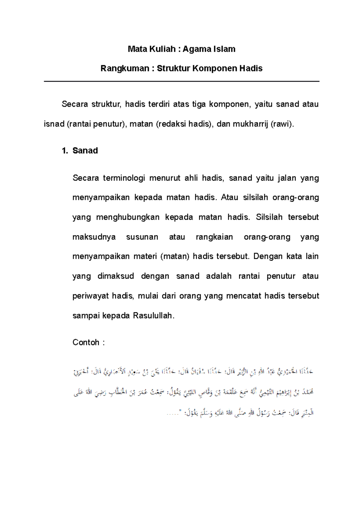 Struktur Komponen Hadis dalam Agama Islam: Rangkuman & Penjelasan - Studocu