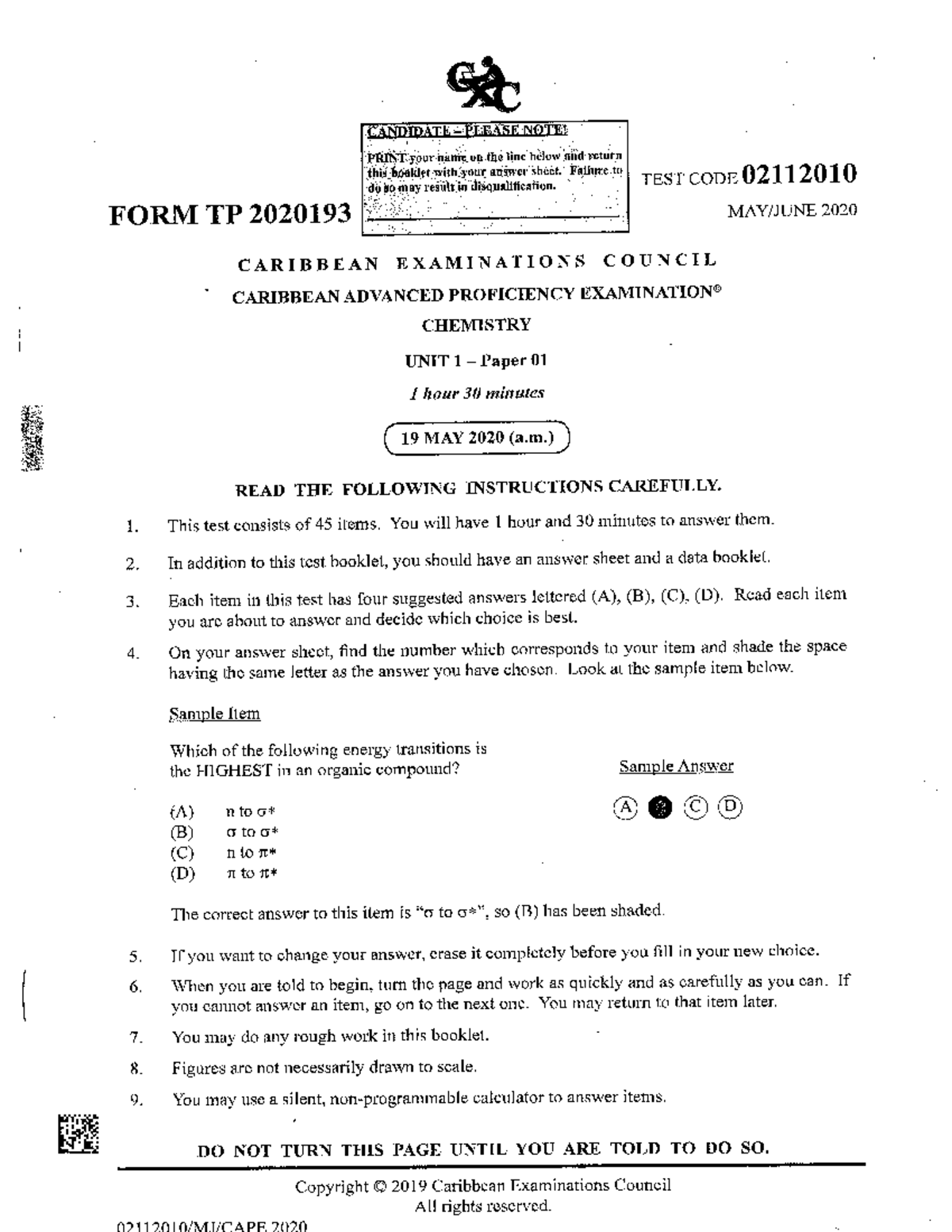 CAPE Chemistry Unit 1 Paper 01 Exam 2020 - Test Instructions and ...