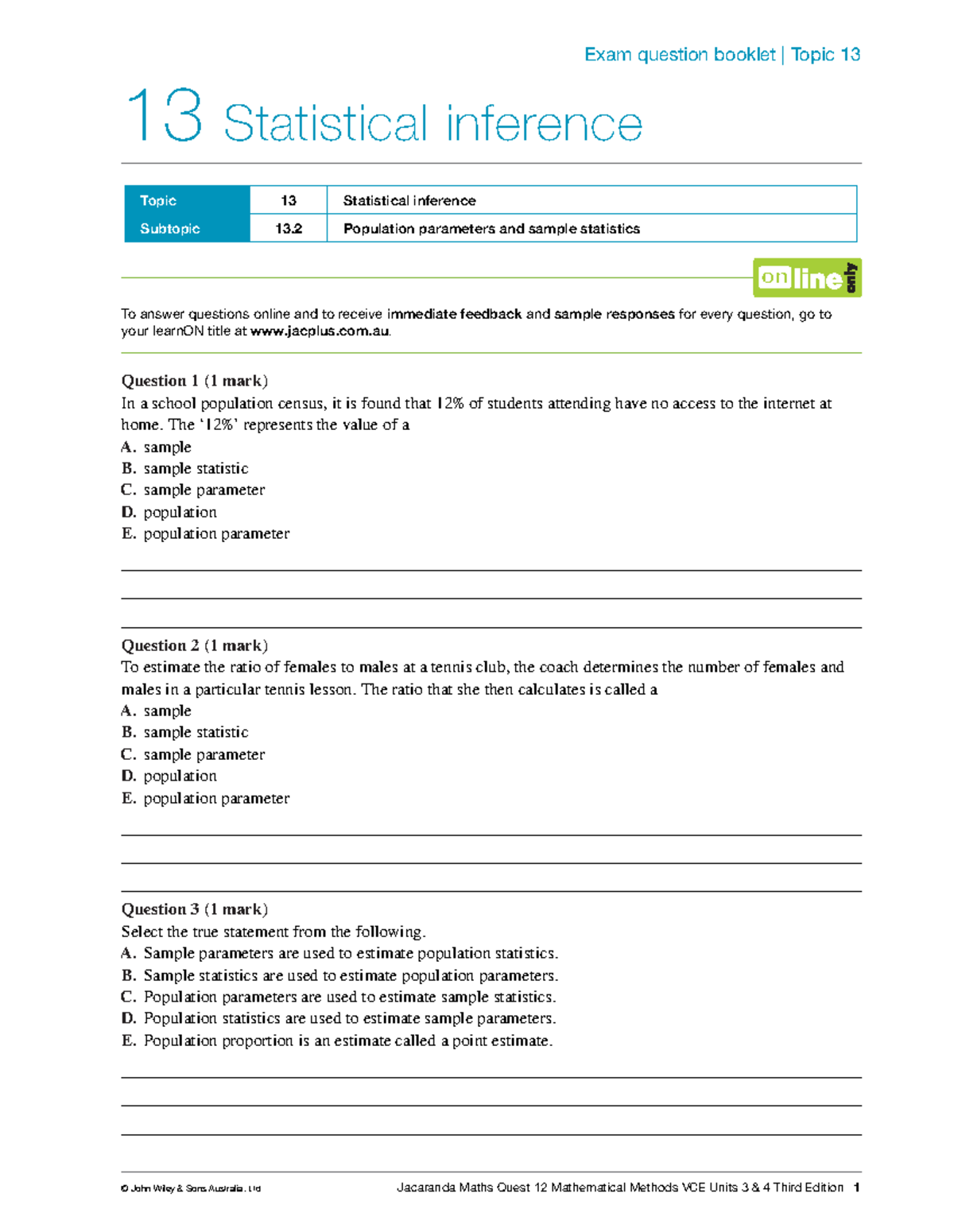 Statistical Inference Exam Questions - Topic 13 (VCE Units 3 & 4) - Studocu