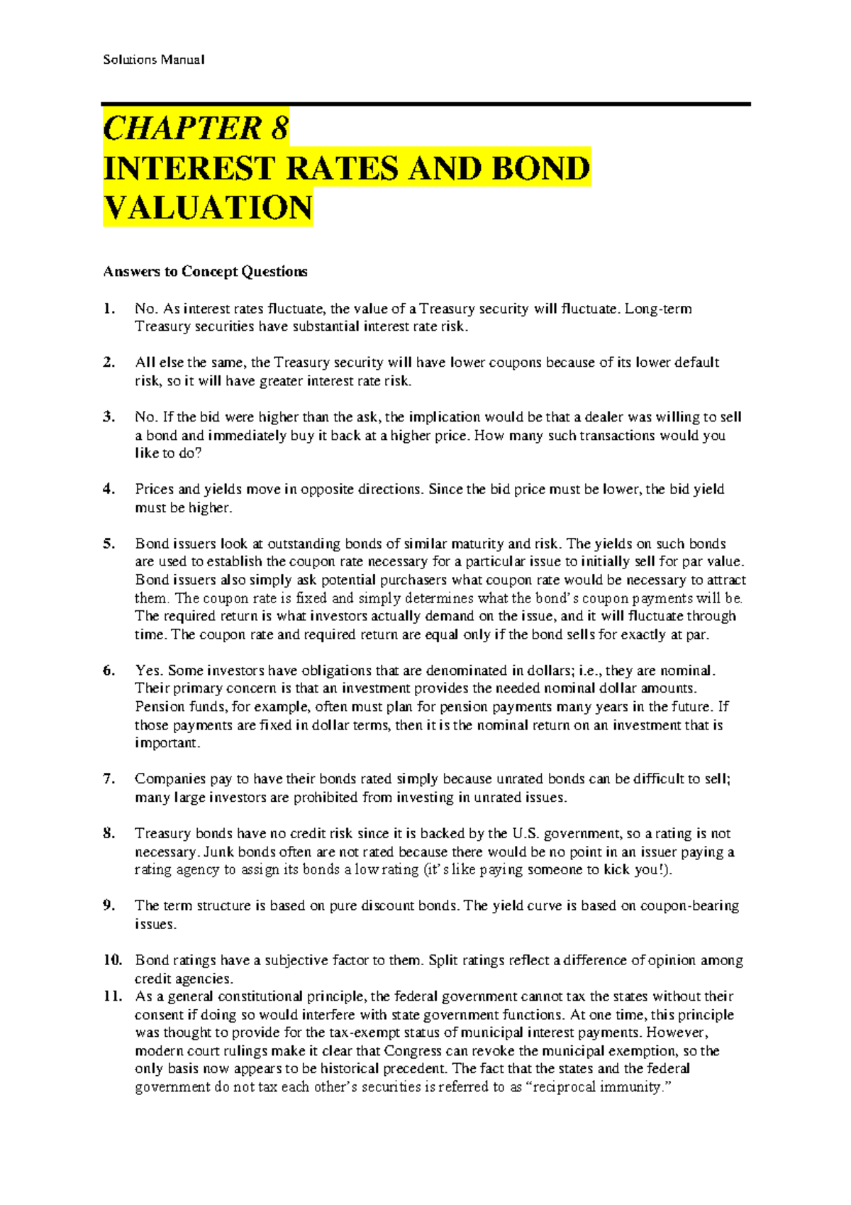 Midterm Exam Solutions for CHAPTER 8: Interest Rates & Bond Valuation ...