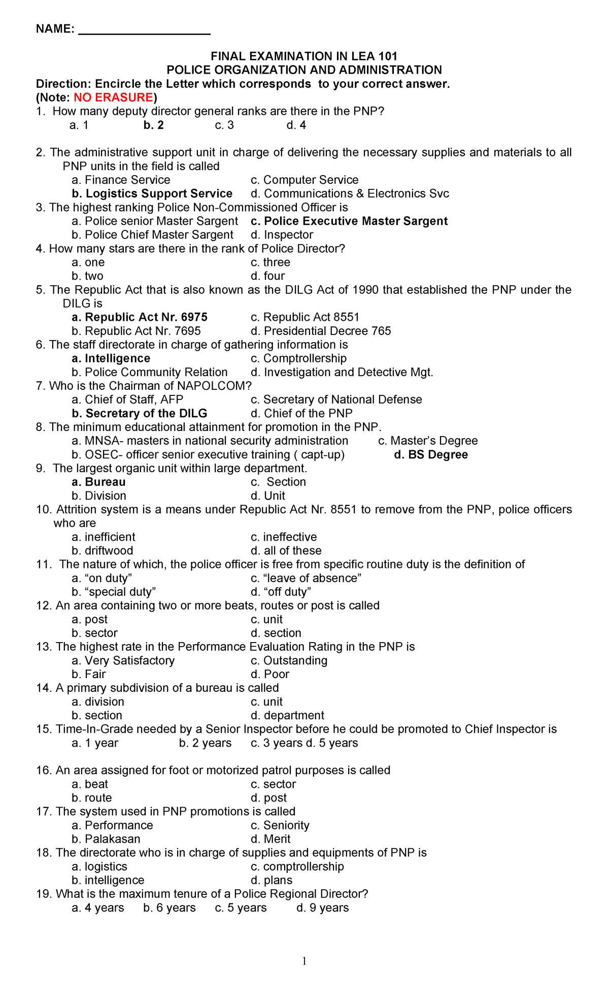 Final Examination IN LEA 101 - NAME: ____________________ FINAL ...