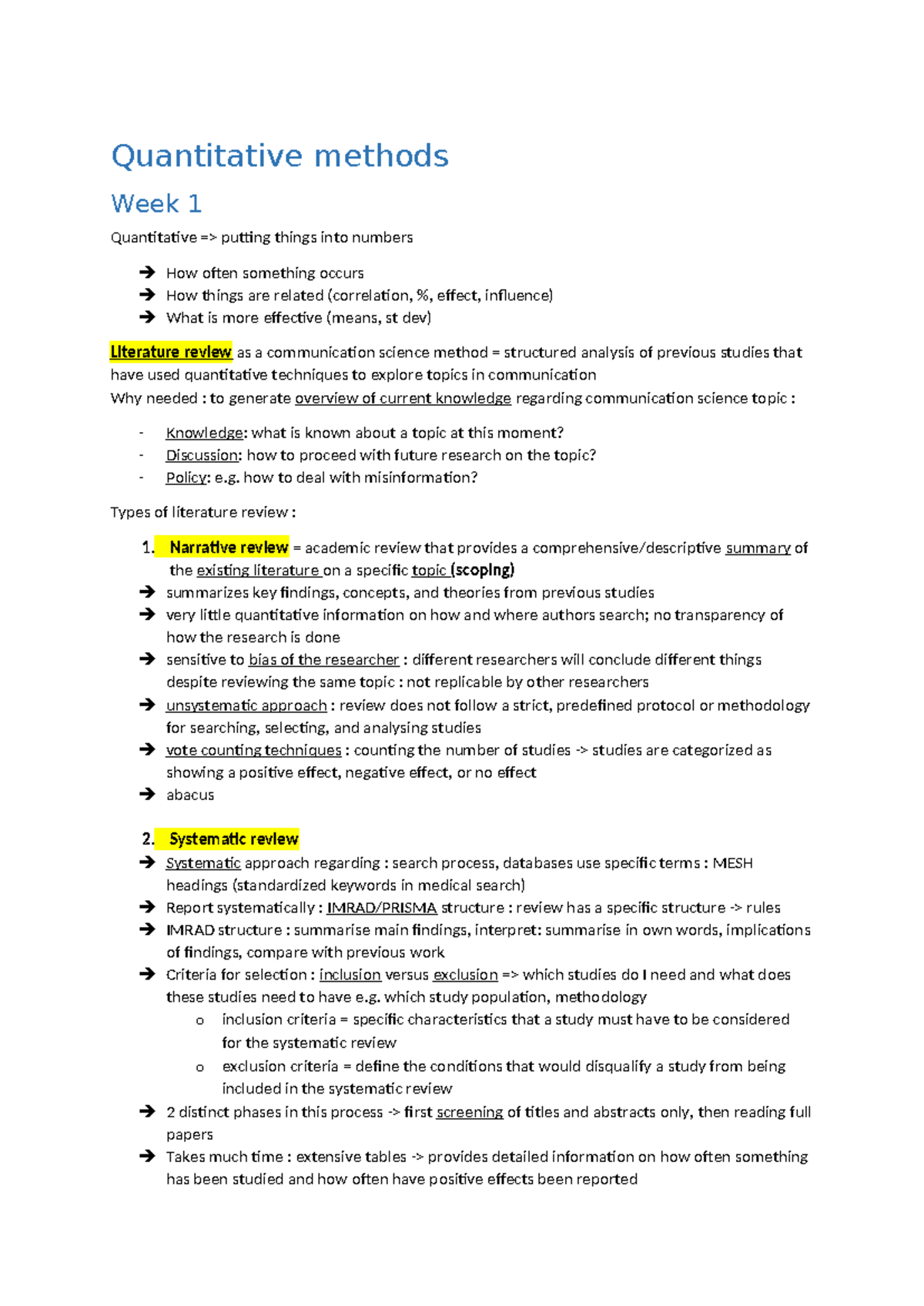 Quantitative Methods SVT: Week 1 Overview and Literature Review - Studocu