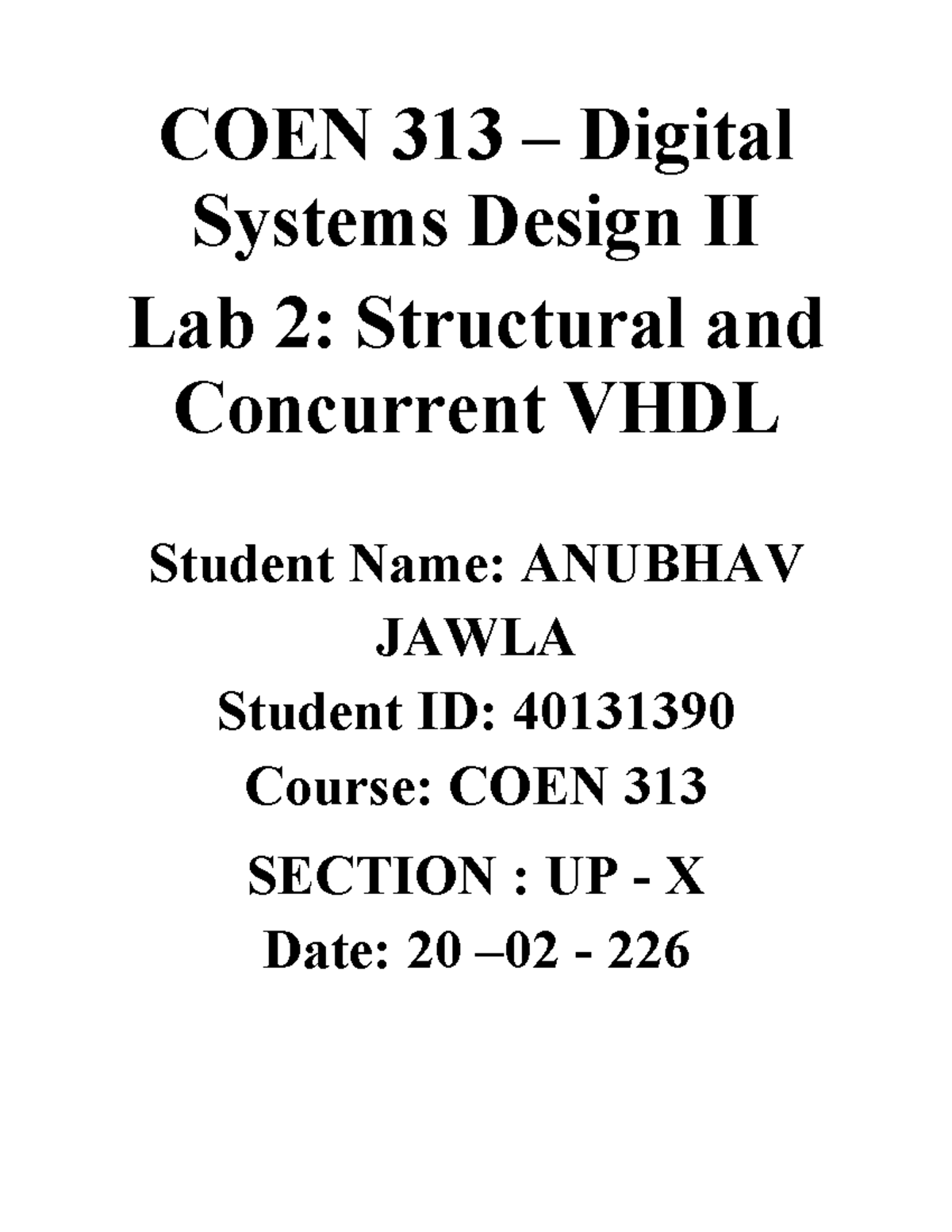 COEN 313 Lab 2 Report: Structural & Concurrent VHDL Design - Studocu
