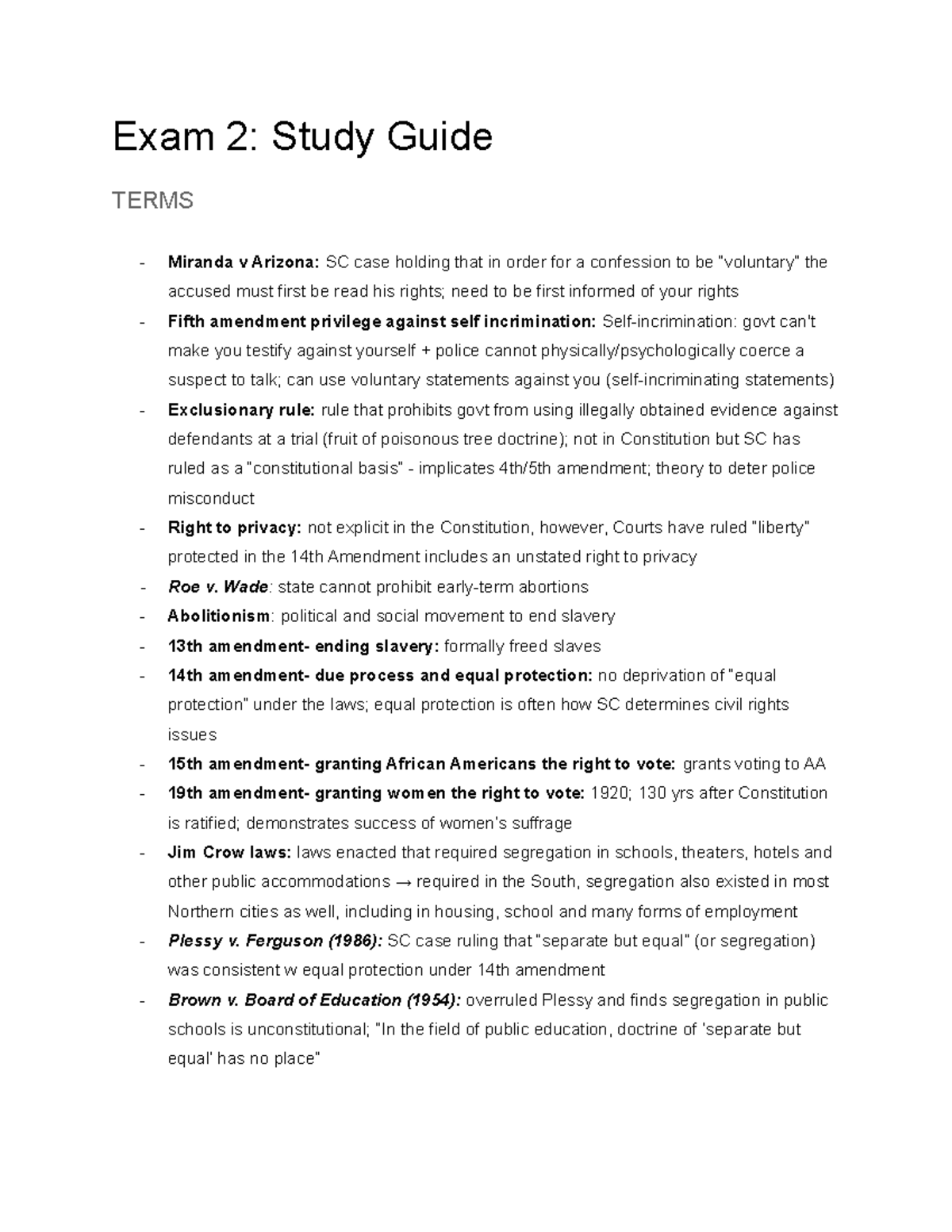 POLI 101 - Comprehensive Exam 2 Study Guide on Civil Rights and Liberty ...