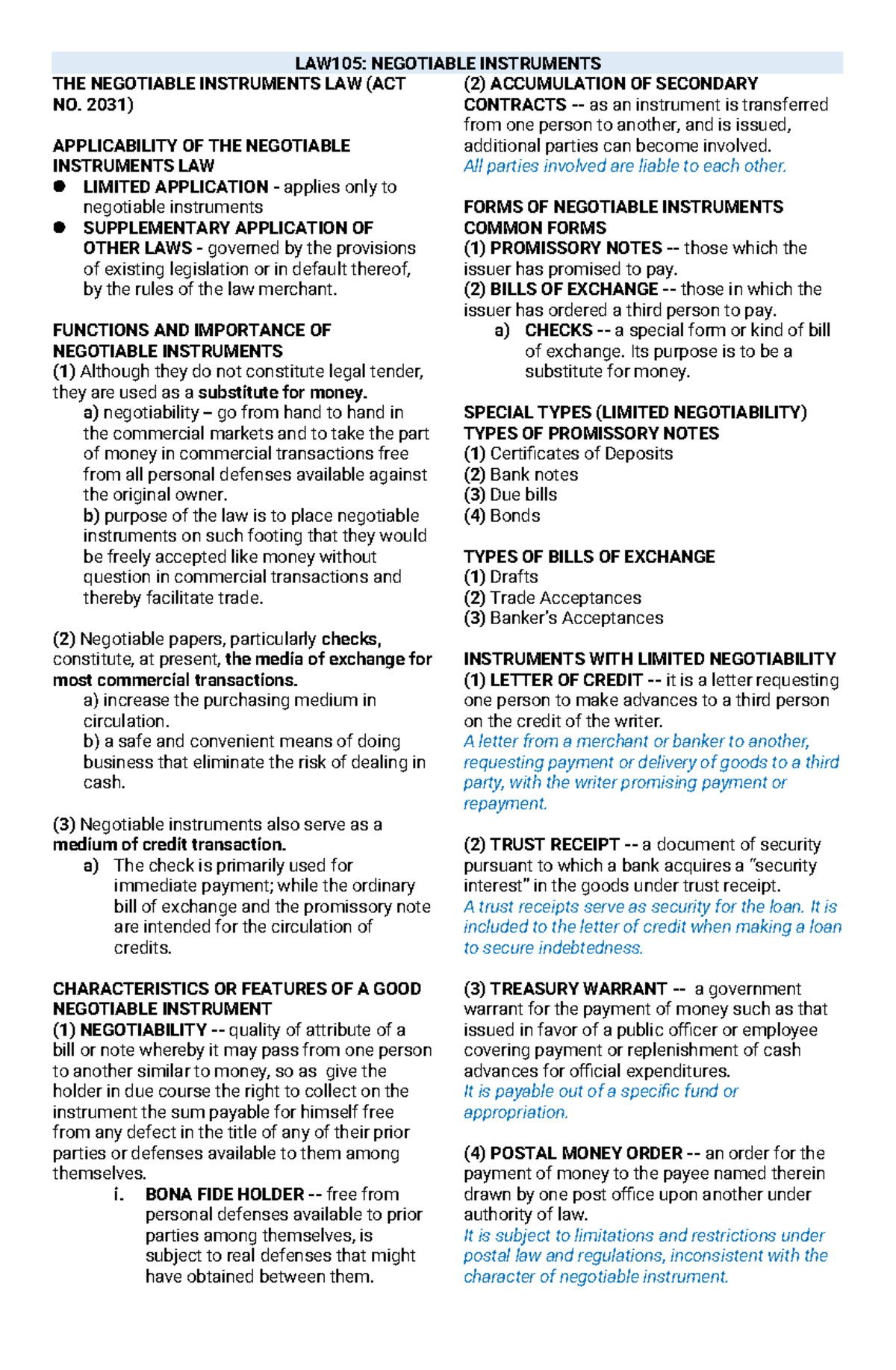 LAW105: Final Exam Notes on Negotiable Instruments Law - Studocu