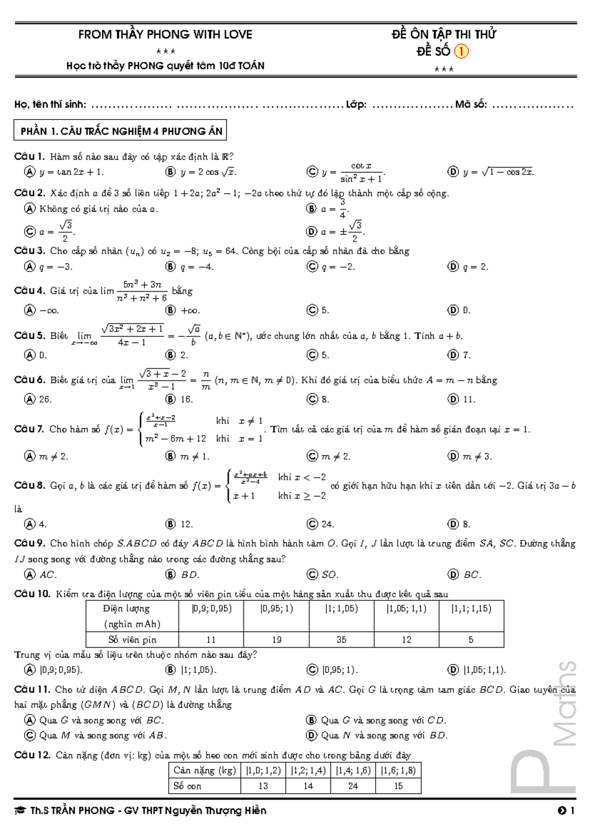 ĐỀ ÔN TẬP THI THỬ TOÁN - ĐỀ 1 (Môn: MATH) - Studocu