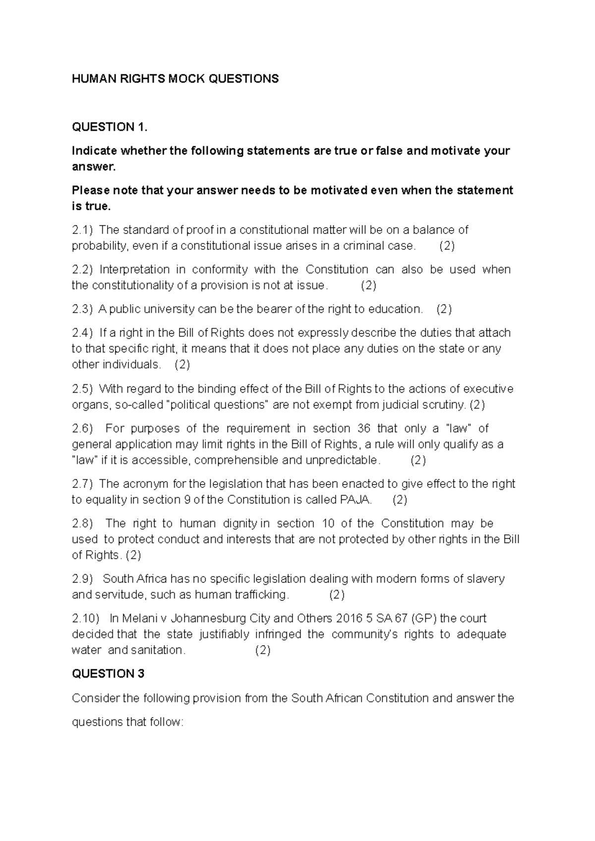 Human Rights LAW Mock Questions for Stud. - Core Concepts & Cases - Studocu