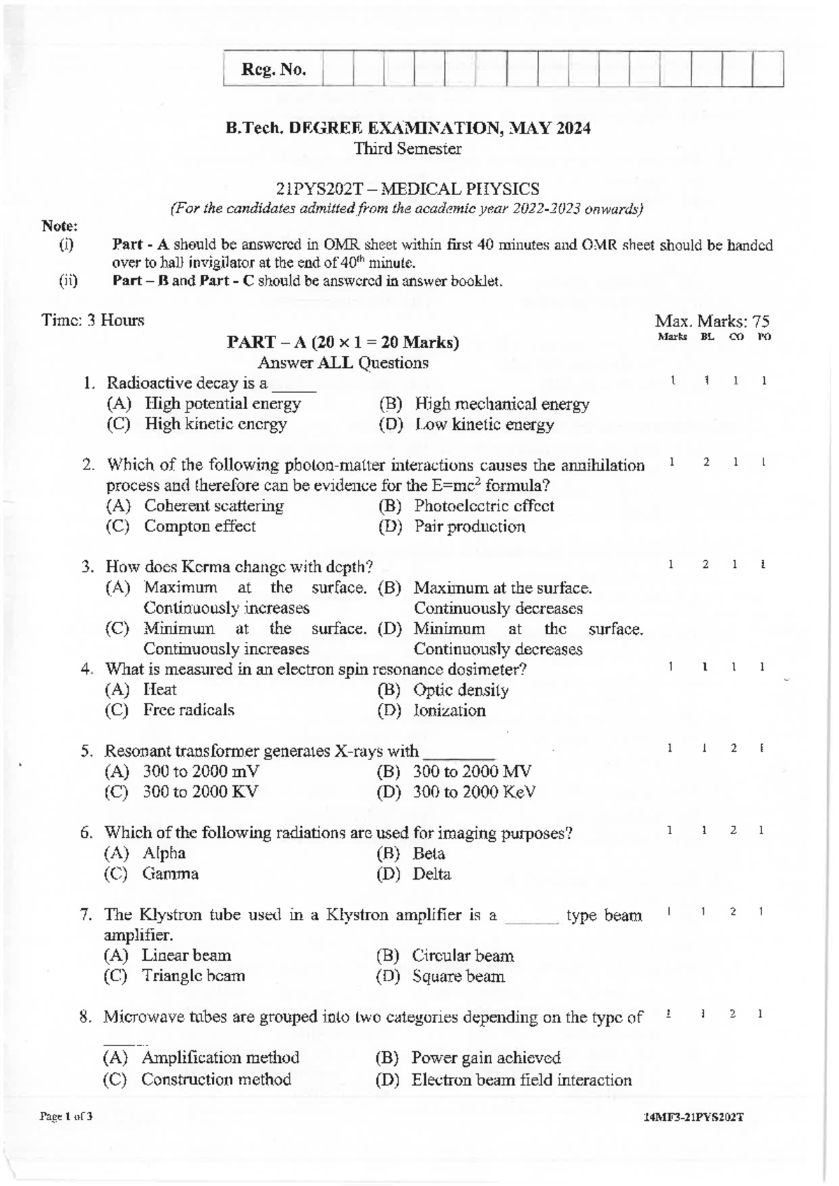 21PYS202T - Medical Physics Exam Questions May 2024 - Studocu
