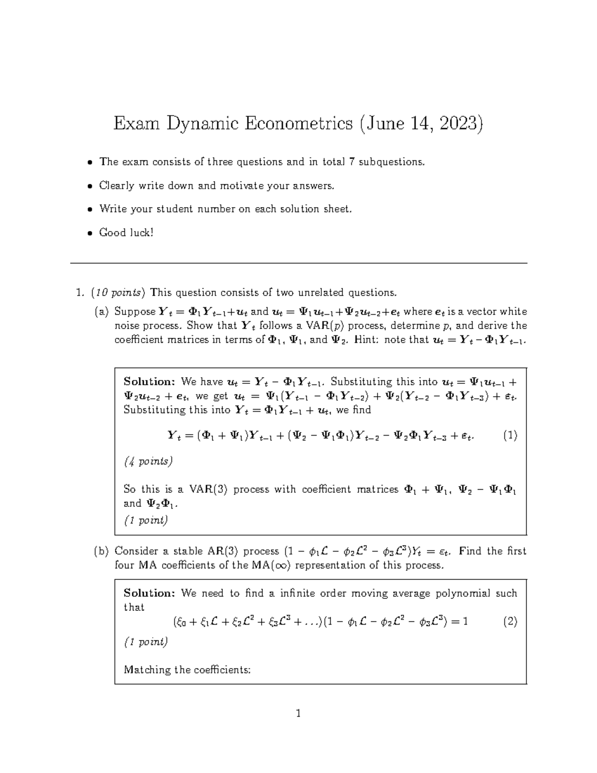 Final Exam Dynamic Econometrics 2022/2023 - Solutions & Explanation ...