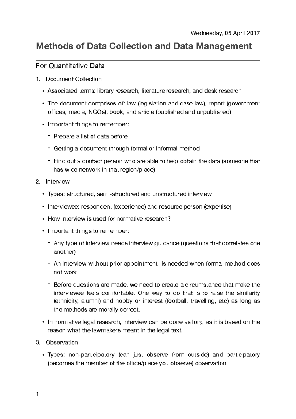 Methods of Data Collection & Management for Quantitative Research - Studocu