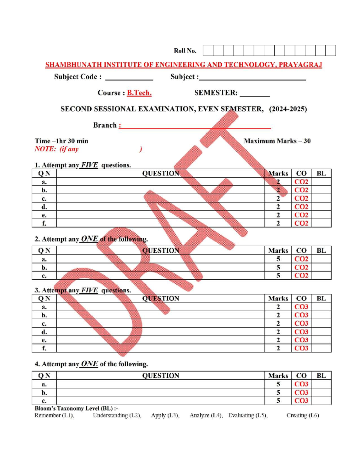 B.Tech 2nd Sem Sessional Exam Paper Format - 30 Marks - Studocu