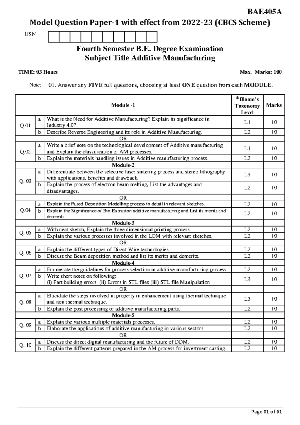 BAE405A Additive Manufacturing Model Question Paper (CBCS) - Studocu