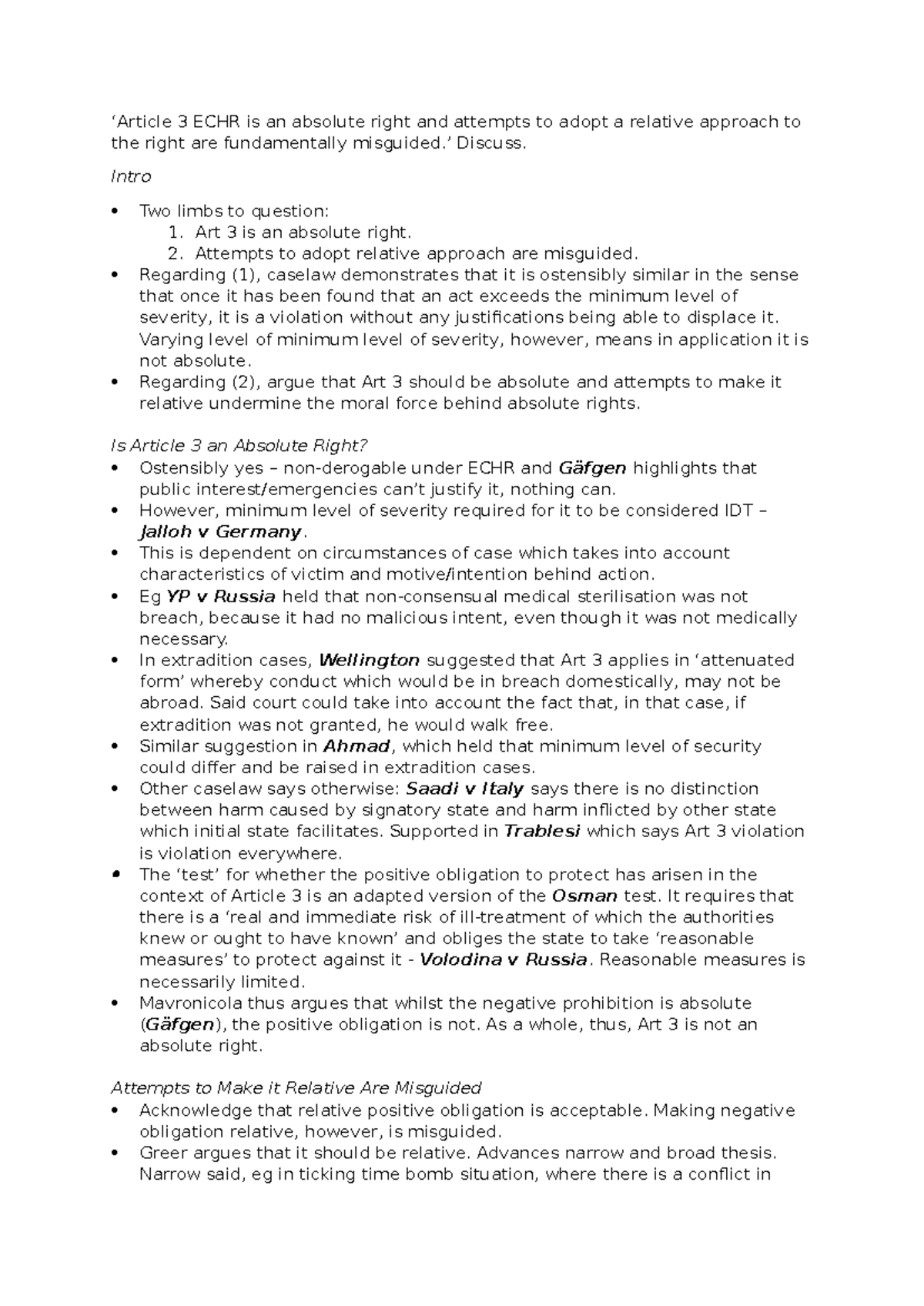 ECHR 3: Absolute vs. Relative Rights in Torture Context - Studocu