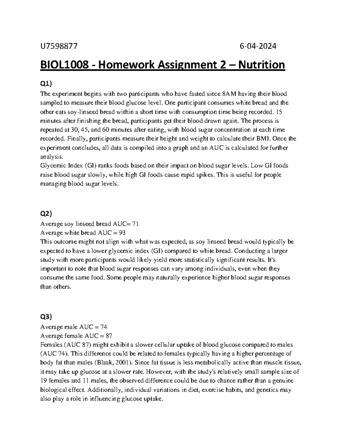 Assignment 2 Nutrition - U7598877 6 - 04 - 2024 BIOL1008 - Homework ...