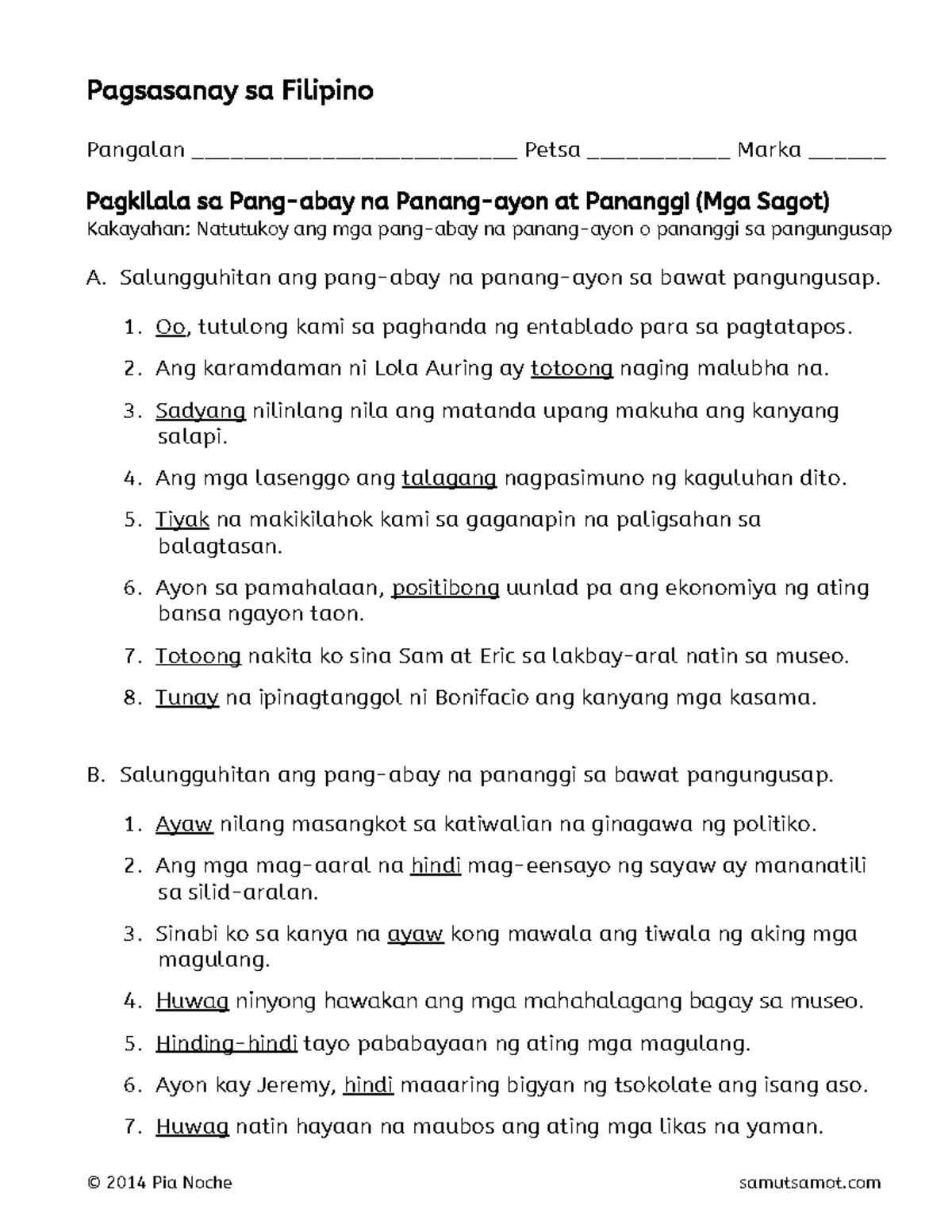Mga Sagot sa Pagkilala sa Pang-abay na Panang-ayon at Pananggi 2-1 ...