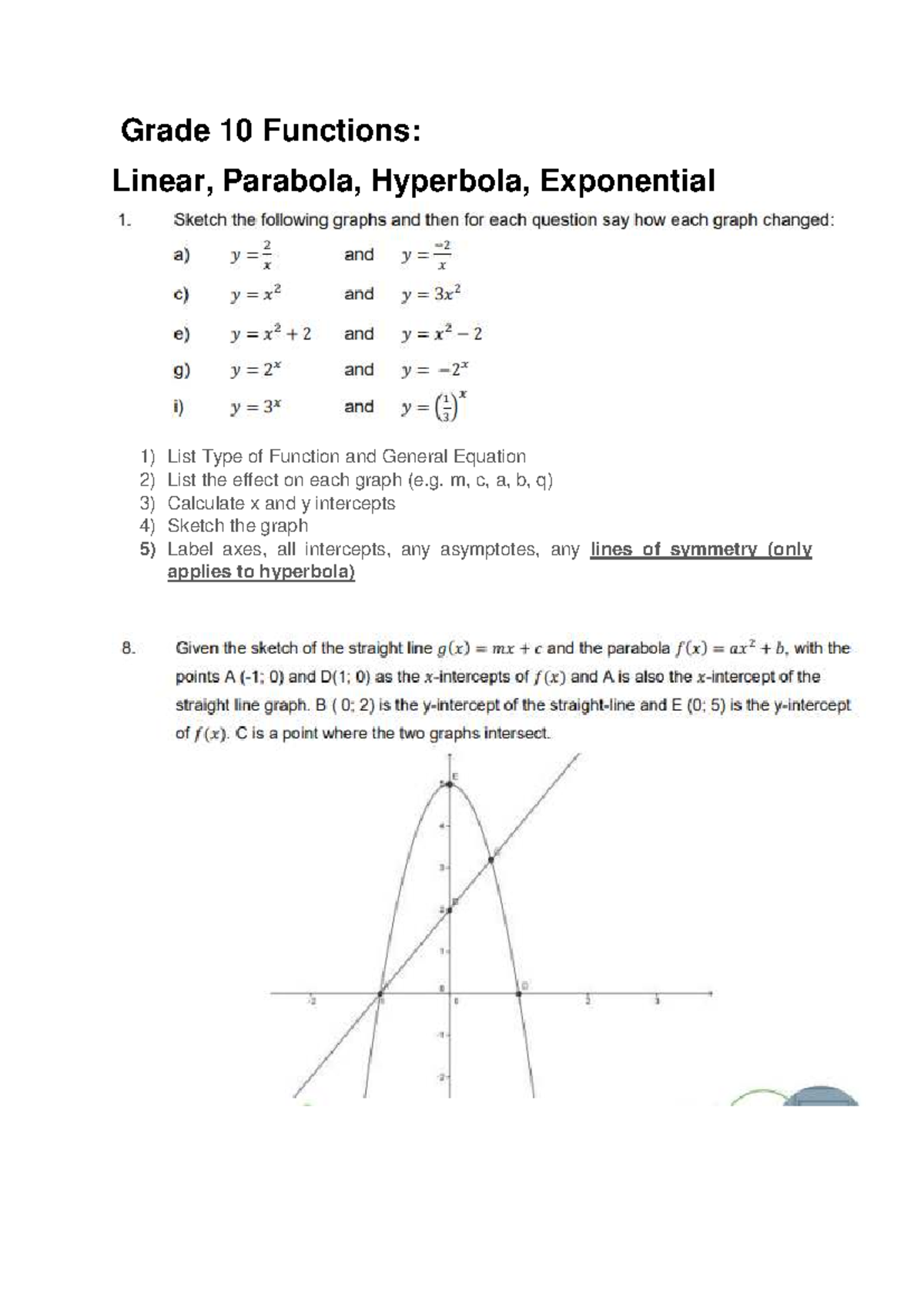 Grade 10 Functions Worksheet - Grade 10 Functions: Linear, Parabola ...