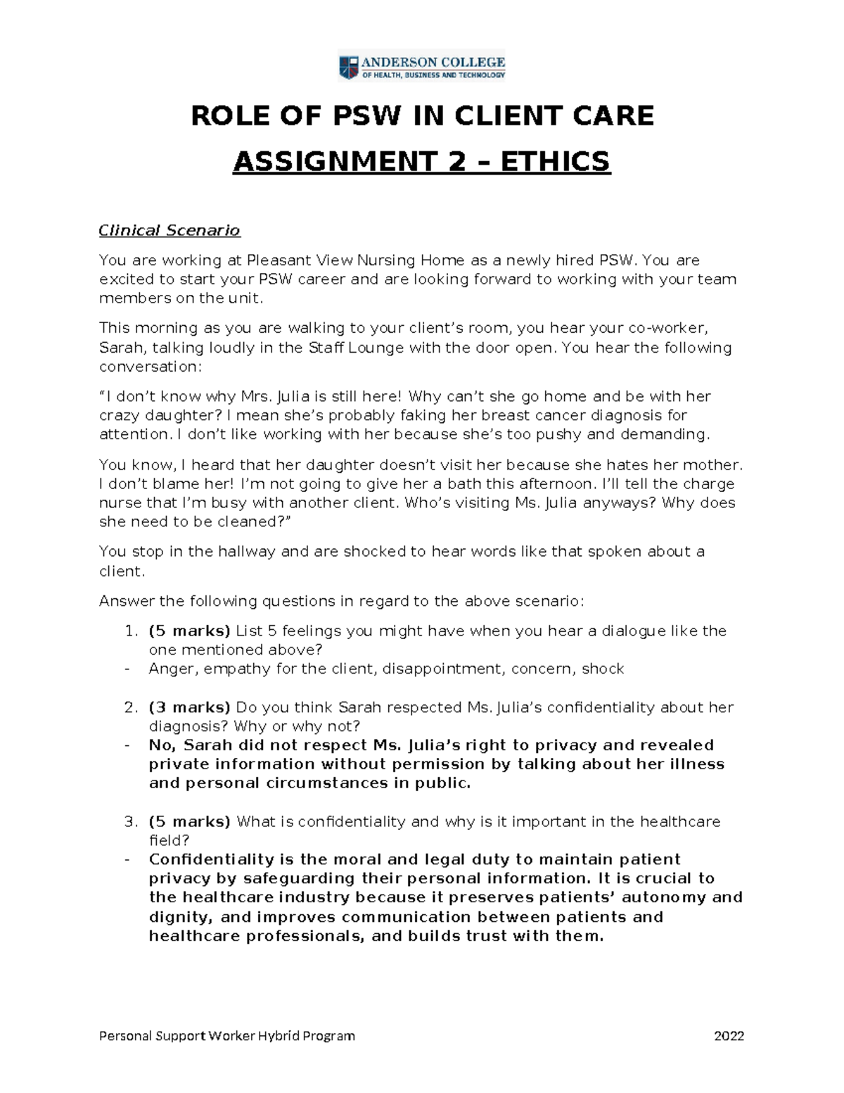Role of PSW in Client Care: Assignment 2 - Ethics Analysis - Studocu