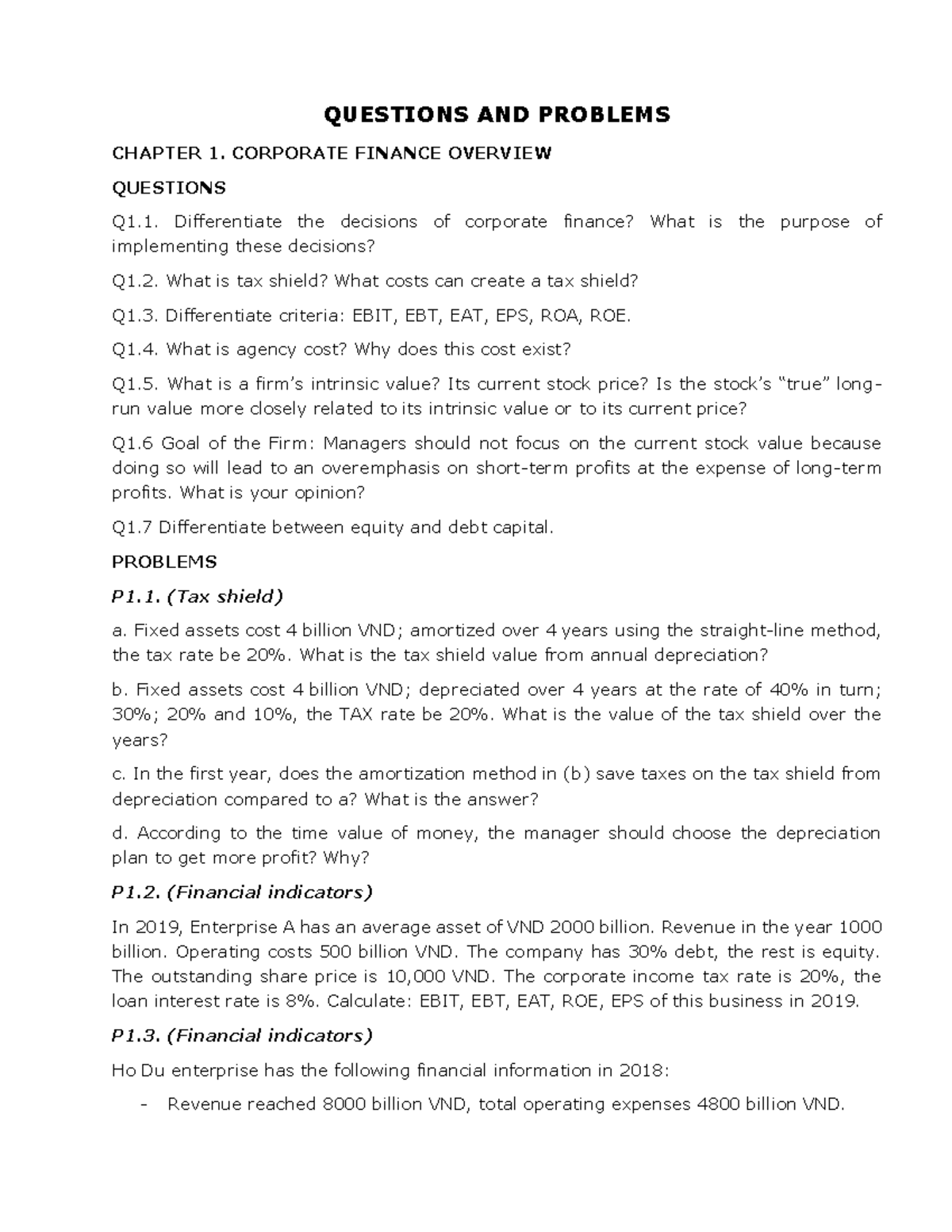 Questions AND Problems - QUESTIONS AND PROBLEMS CHAPTER 1. CORPORATE ...