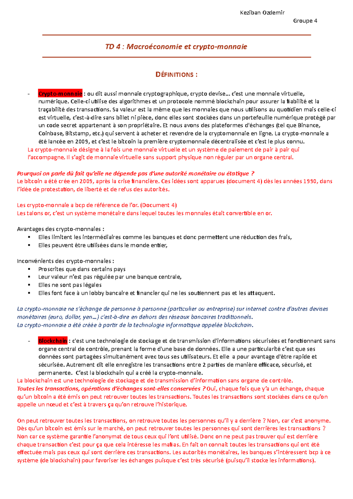 TD 4 - Macroéconomie : Concepts et Enjeux des Crypto-monnaies - Studocu