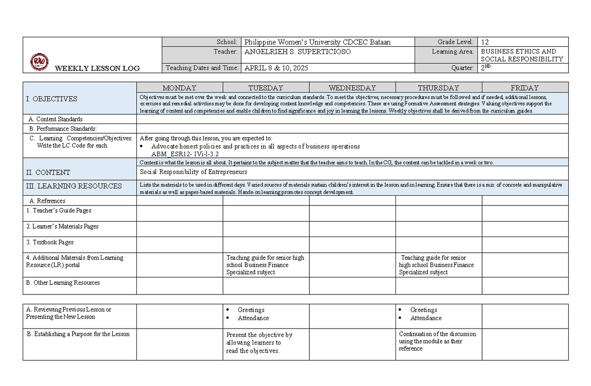 ABM 12 Weekly Lesson Log: Business Ethics & Social Responsibility W10 ...