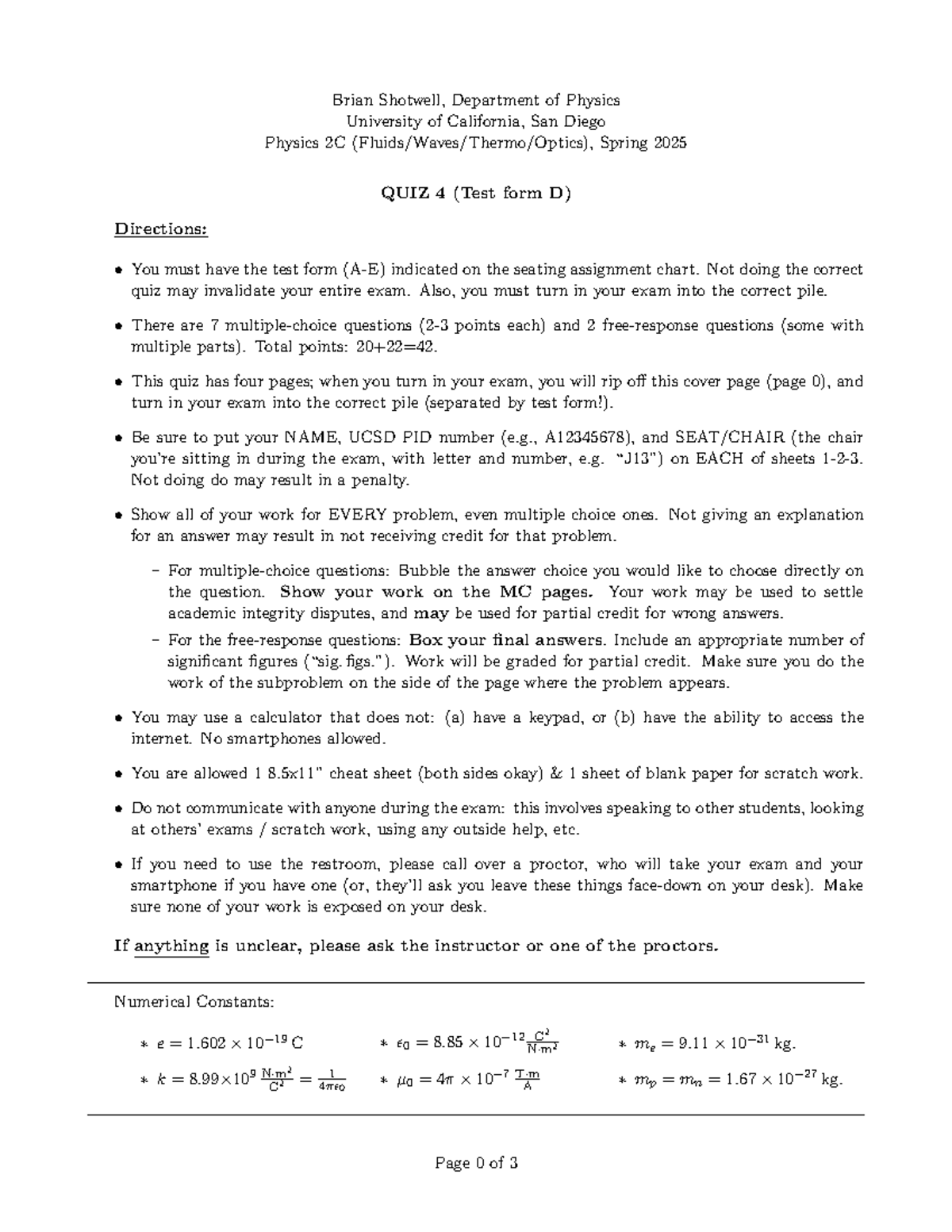 Quiz 4D: Physics 2C (Fluids/Waves/Thermo/Optics) - Spring 2025 - Studocu