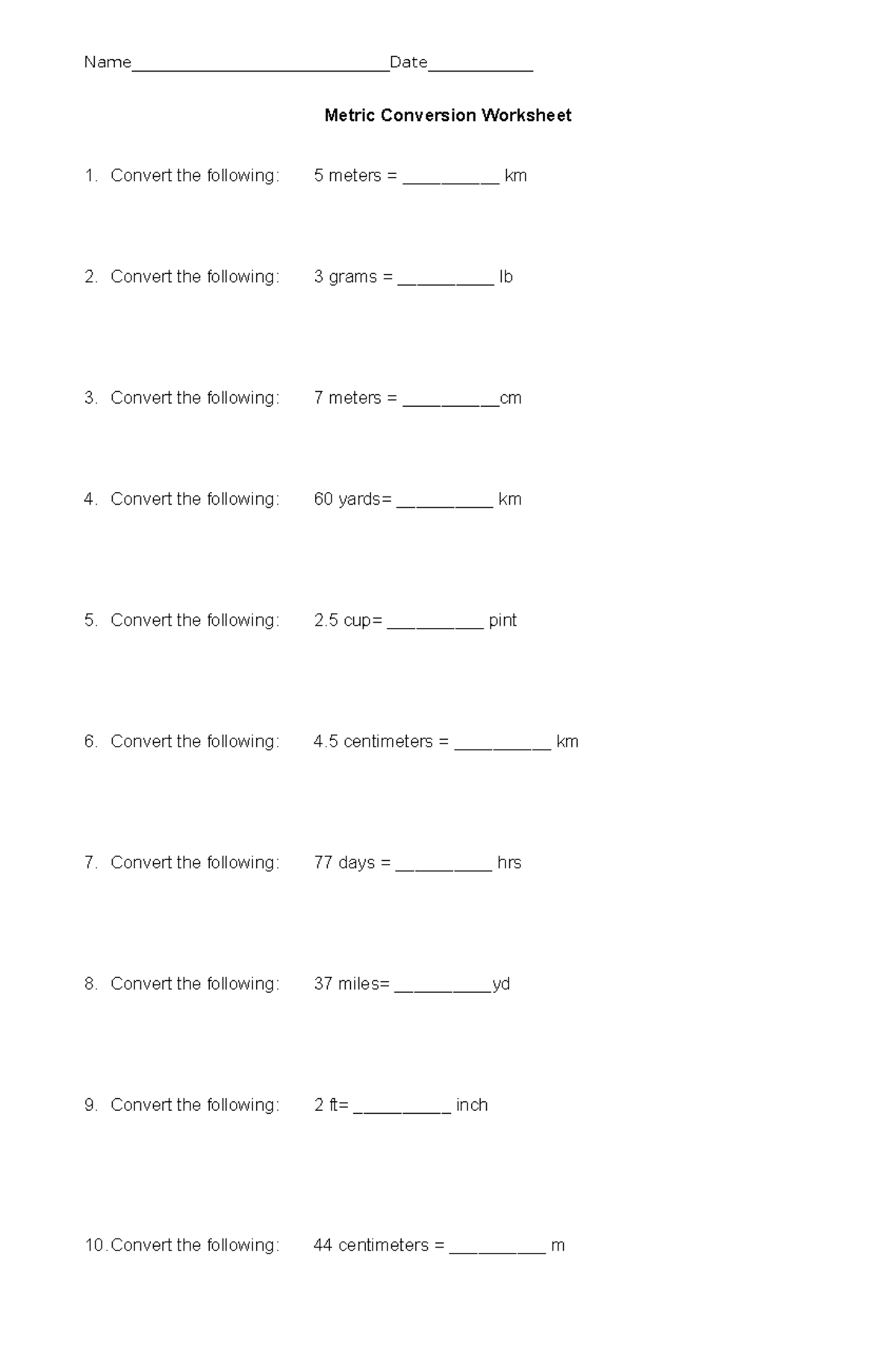 Metric Conversion Worksheet: Practice Problems and Solutions - Studocu