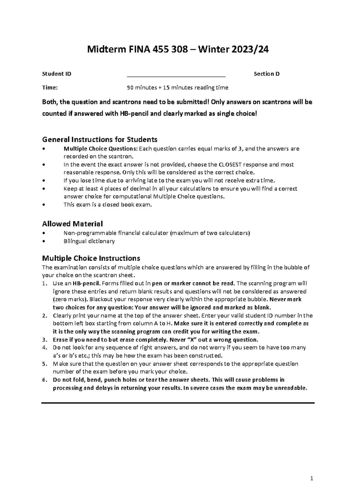 Midterm Exam FINA 455 308 Winter 2024 - No Solutions - Studocu