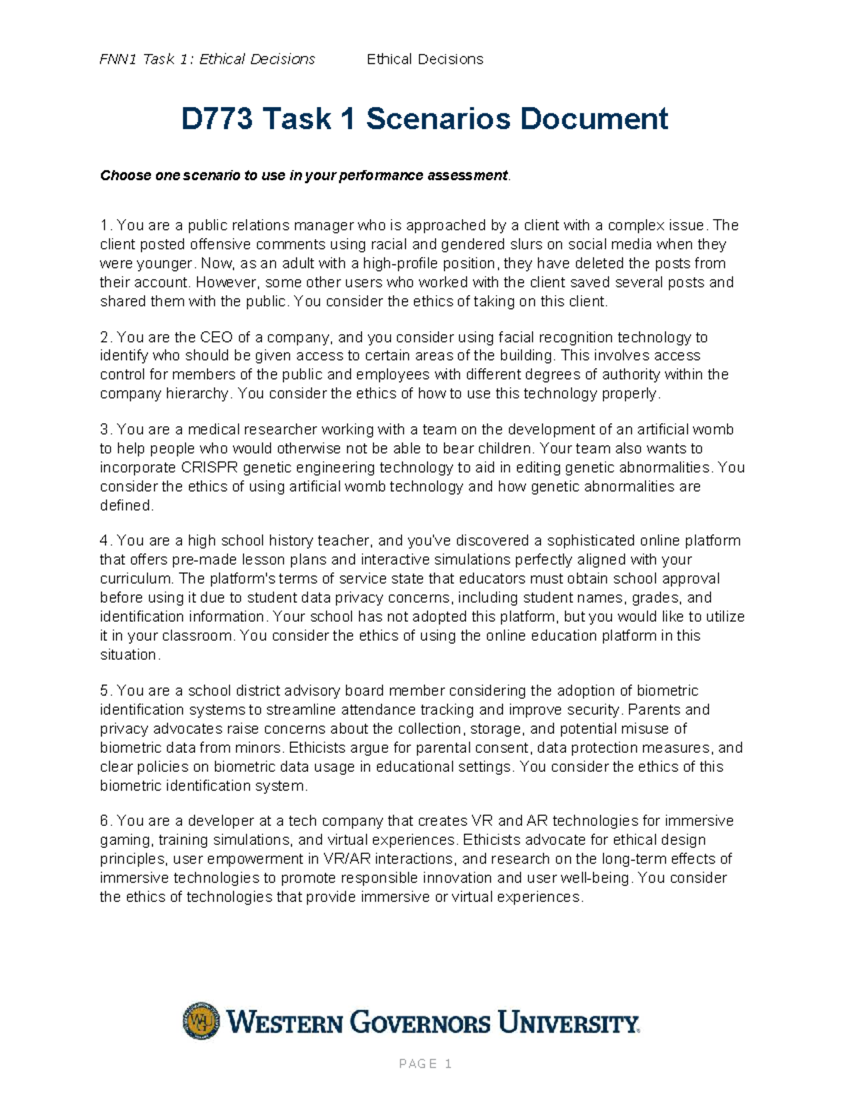 D773 Task 1: Ethical Decision Scenarios for Performance Assessment ...