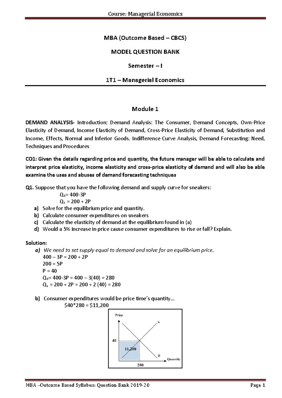 MBA 1T1 Managerial Economics: Model Question Bank on Demand & Supply ...