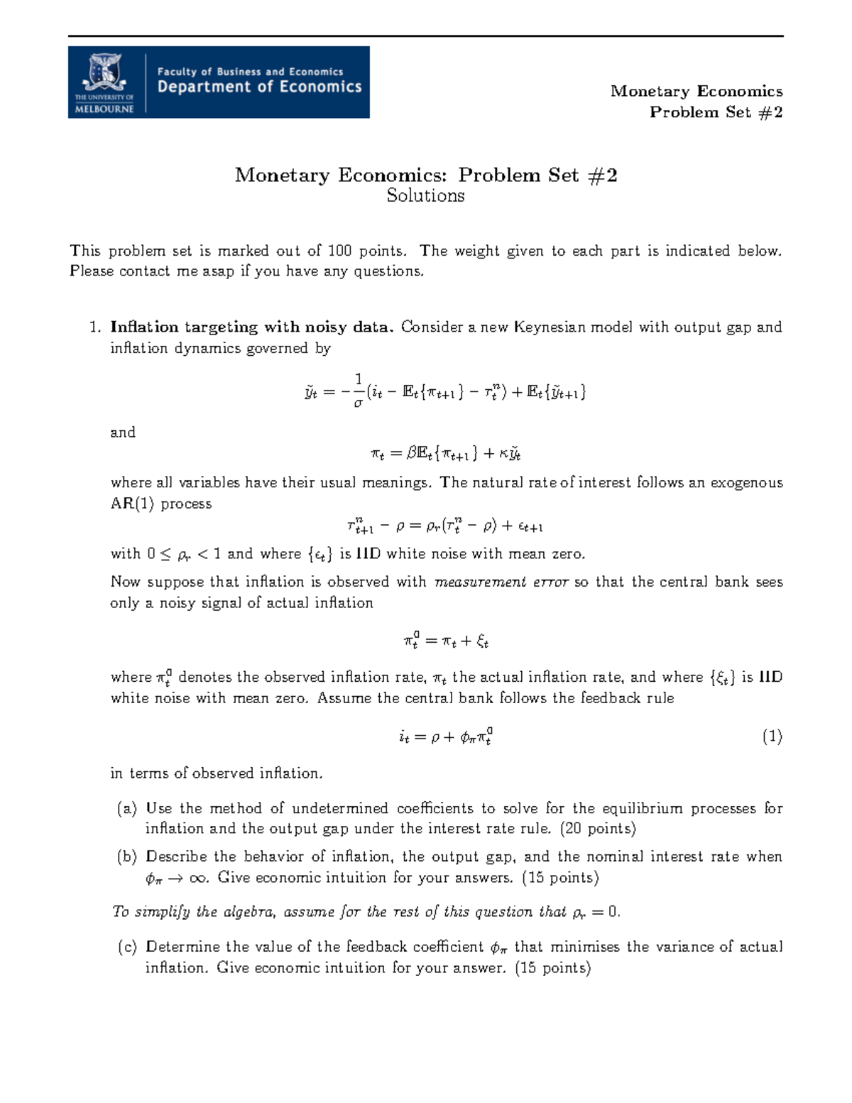 Galí chapt. 5 solutions - Monetary Economics Problem Set Monetary ...