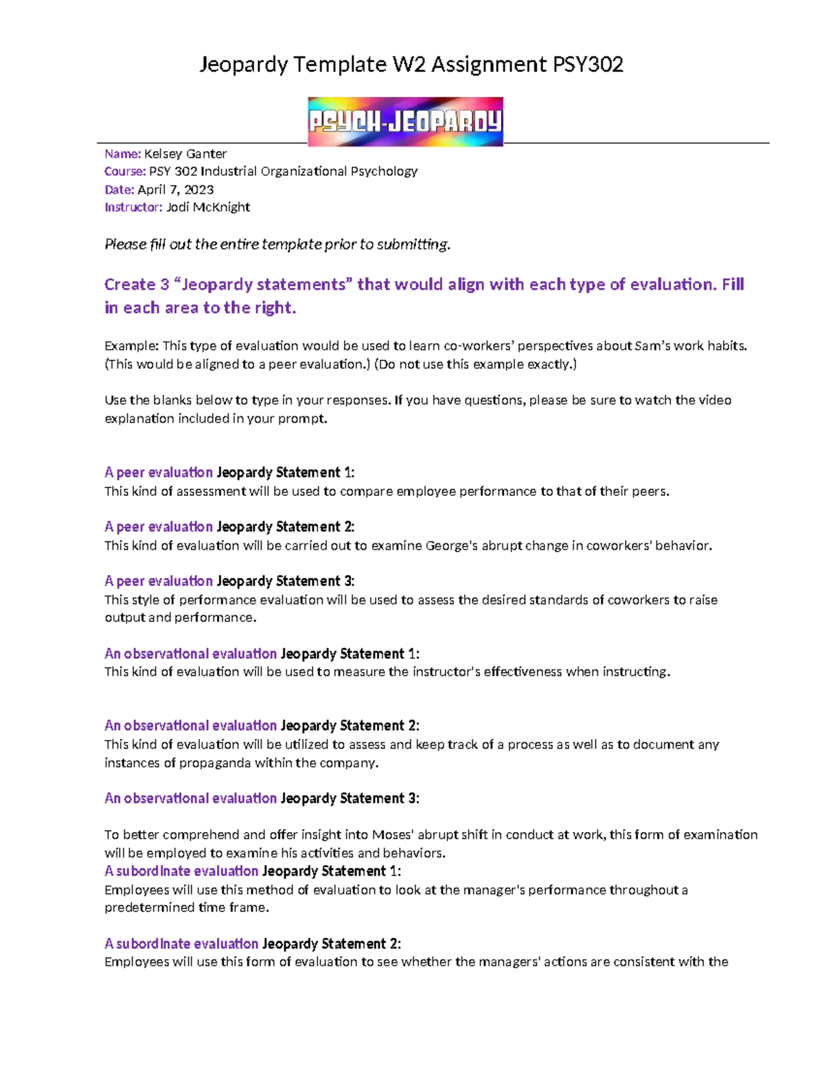 PSY 302 W2 Assignment: Jeopardy Statements for Evaluations - Studocu