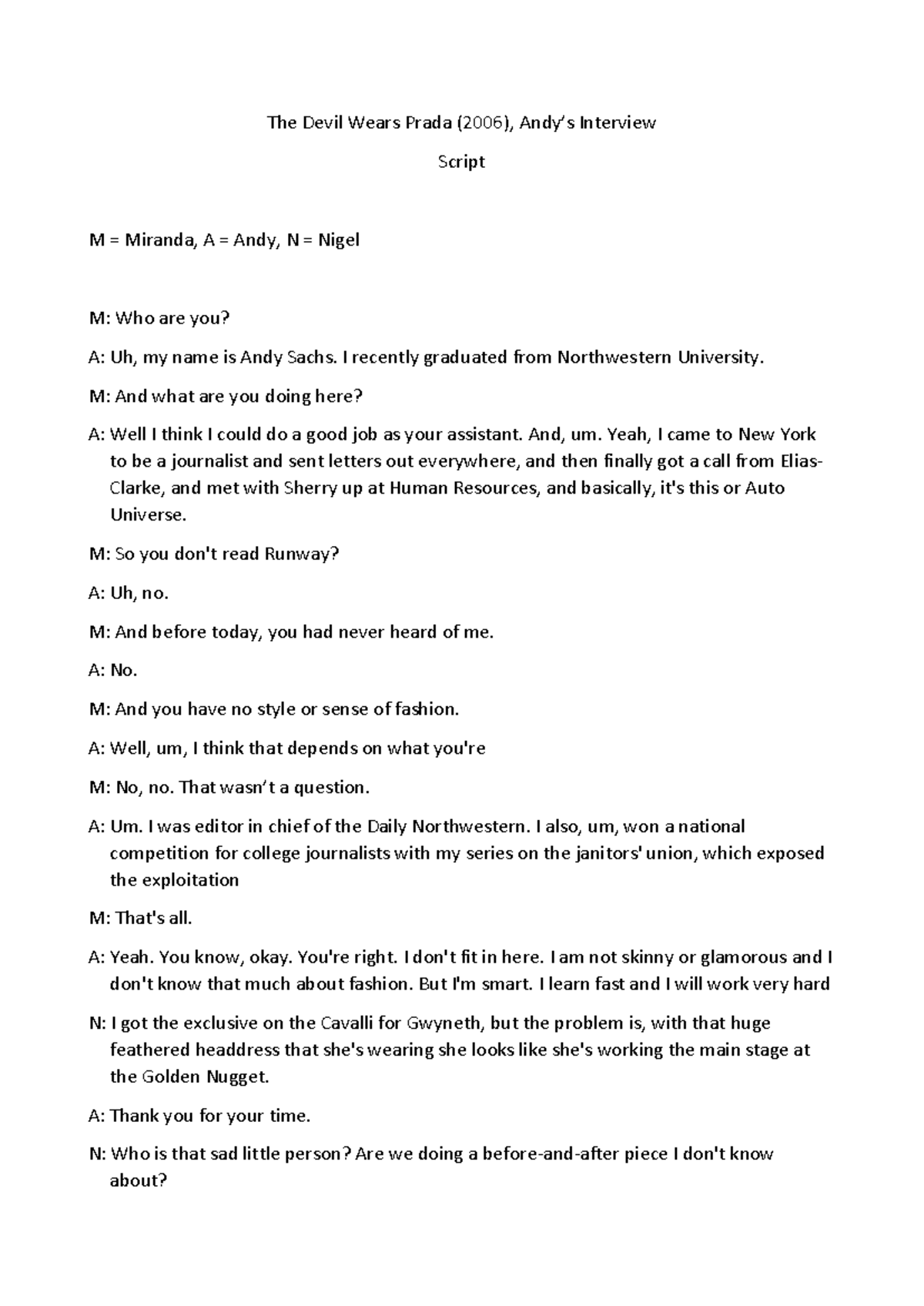 ENG 101: Andy's Interview Script from The Devil Wears Prada - Studocu